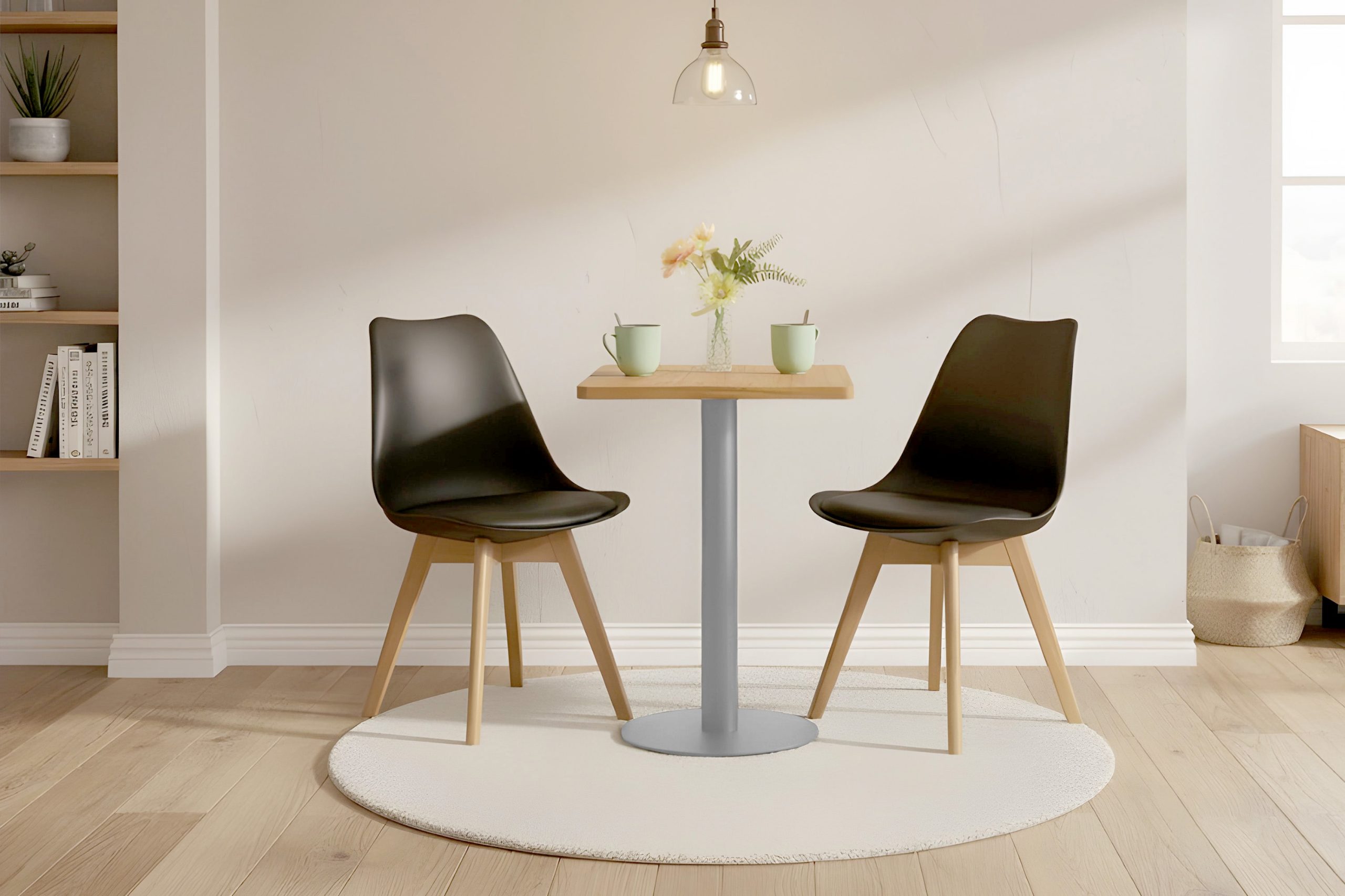 Bistrotisch eckig Runde Kante 70 x 70 cm Akazienholz natur massiv Säulengestell-rund silber EMILE – Bild 4