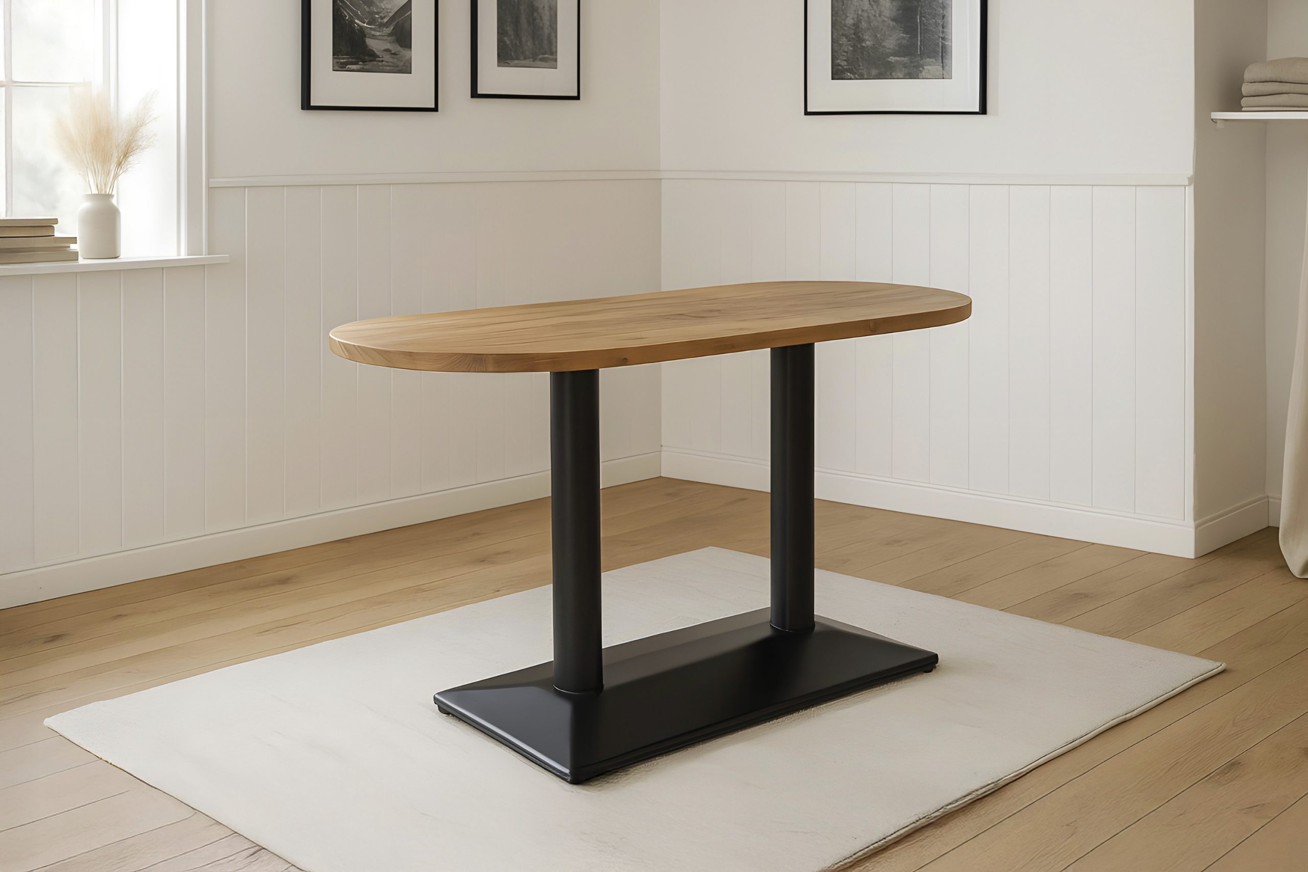 Bistrotisch oval 110 x 50 cm Akazienholz natur massiv Doppel-Säulengestell schwarz EMILIAN