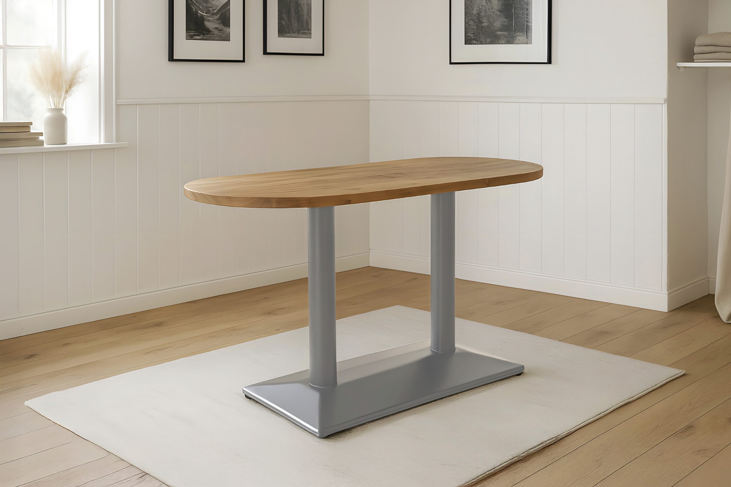 Bistrotisch oval 110 x 50 cm Akazienholz natur massiv Doppel-Säulengestell silber EMILIAN