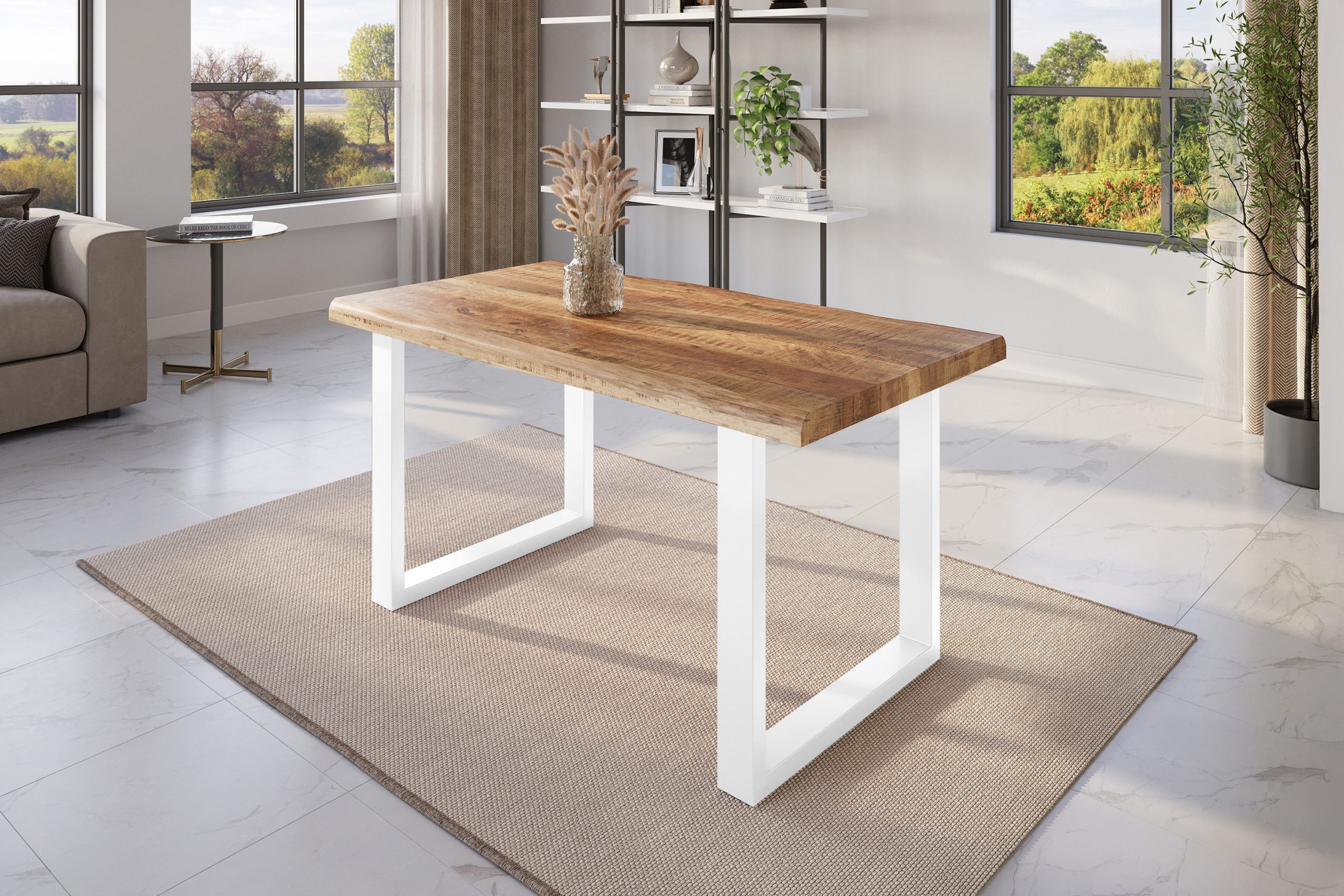 Esstisch Baumkante 140 x 80 cm Mangoholz Rough U-Gestell weiß ATLAS