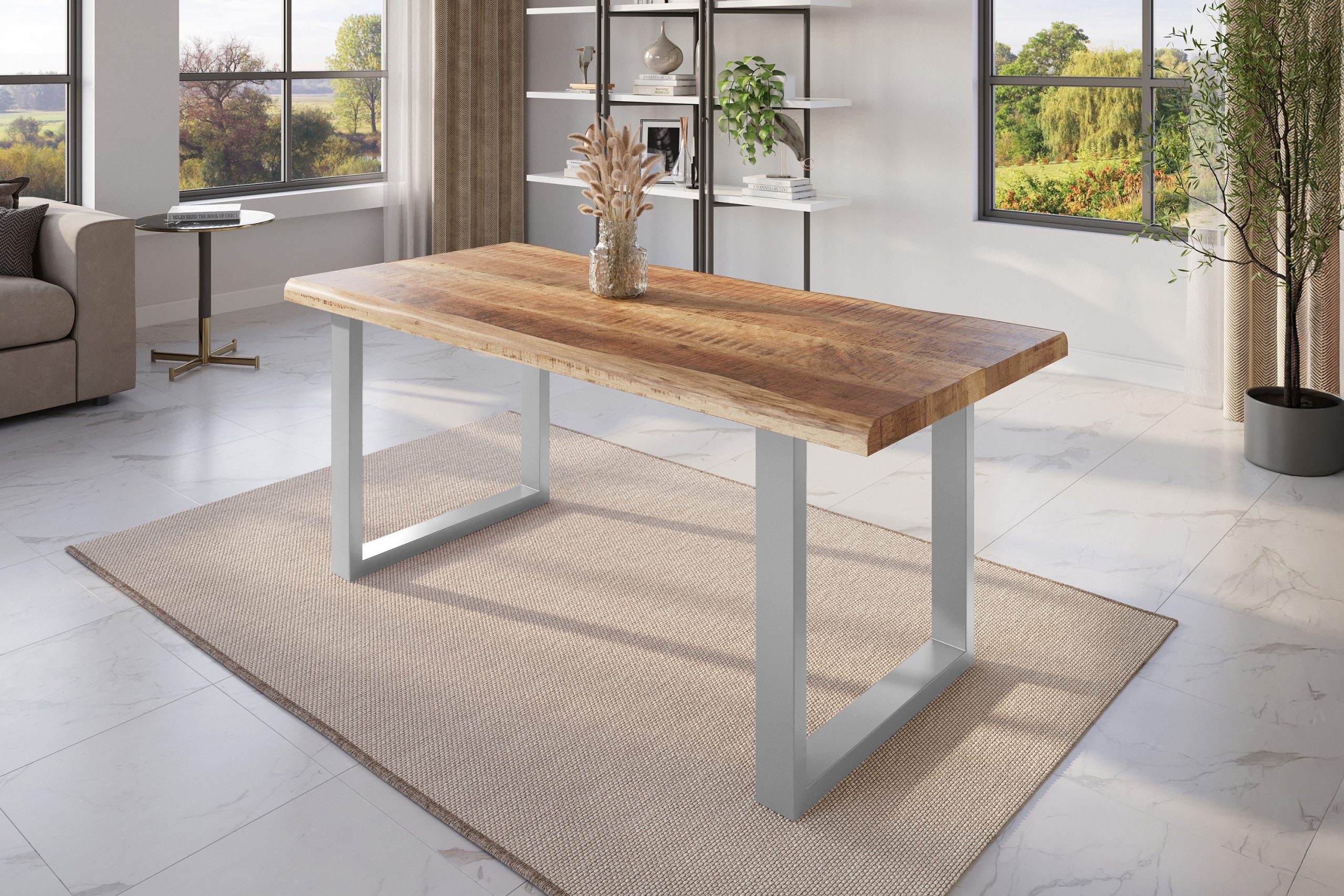 Esstisch Baumkante 200 x 100 cm Mangoholz Rough U-Gestell silber ATLAS