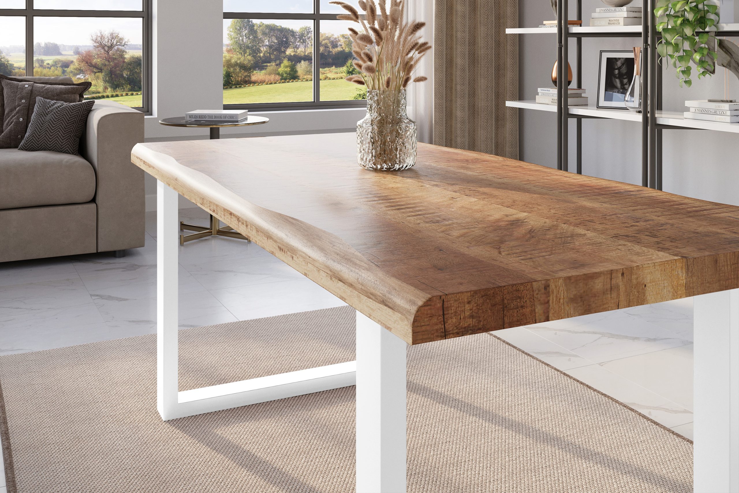 Esstisch Baumkante 180 x 90 cm Mangoholz Rough U-Gestell weiß ATLAS – Bild 4