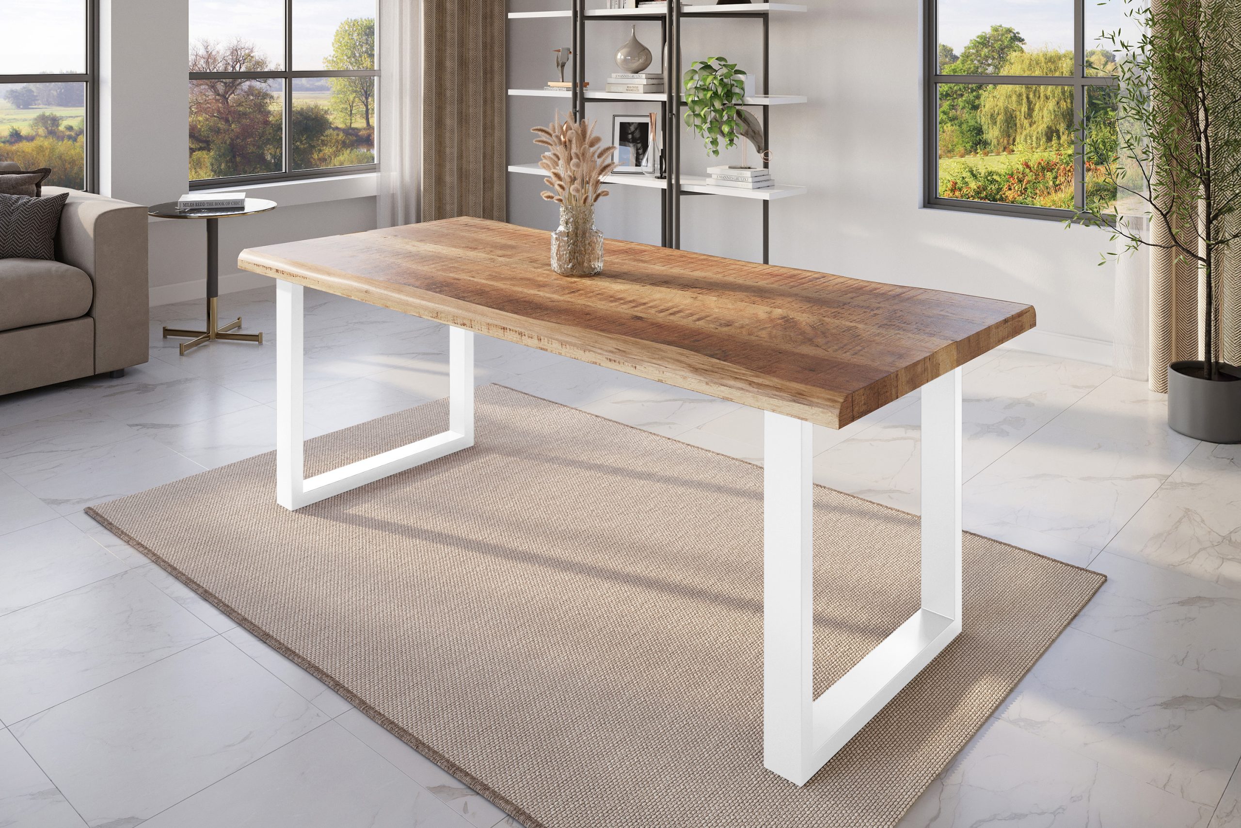 Esstisch Baumkante 220 x 100 cm Mangoholz Rough U-Gestell weiß ATLAS