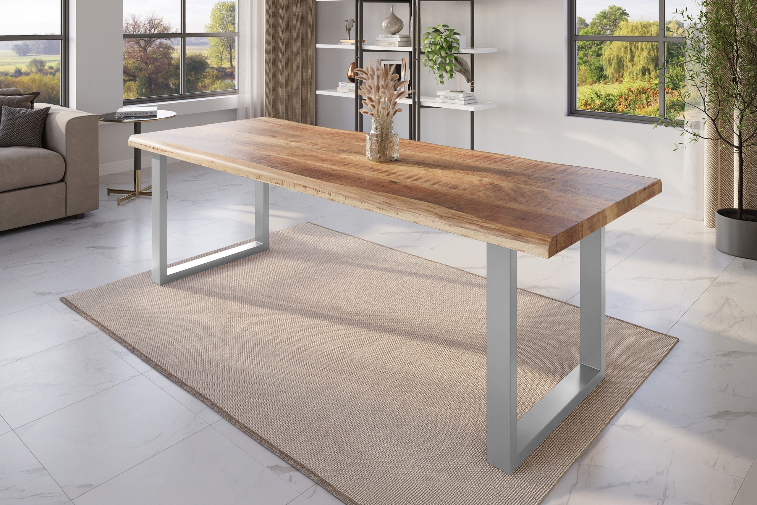 Esstisch Baumkante 280 x 100 cm Mangoholz Rough U-Gestell silber ATLAS