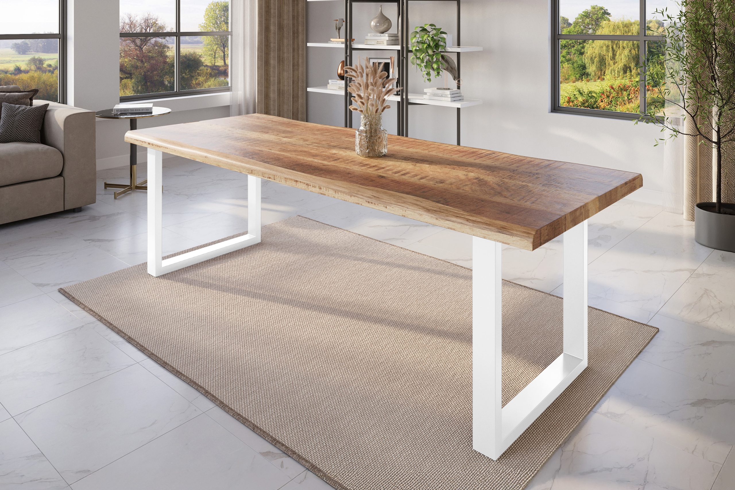 Esstisch Baumkante 300 x 100 cm Mangoholz Rough U-Gestell weiß ATLAS