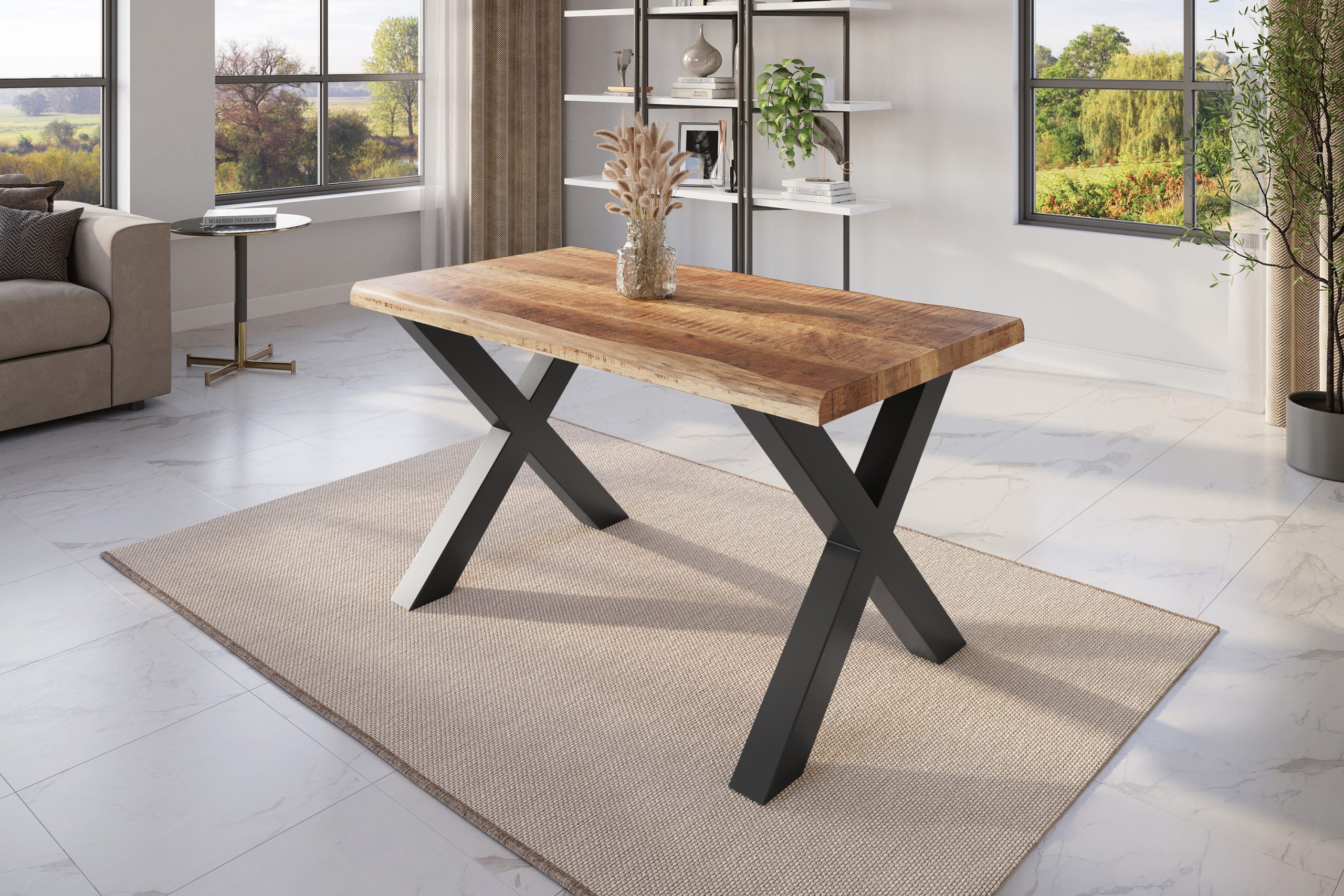 Esstisch Baumkante 140 x 80 cm Mangoholz Rough X-Gestell schwarz ATLAS