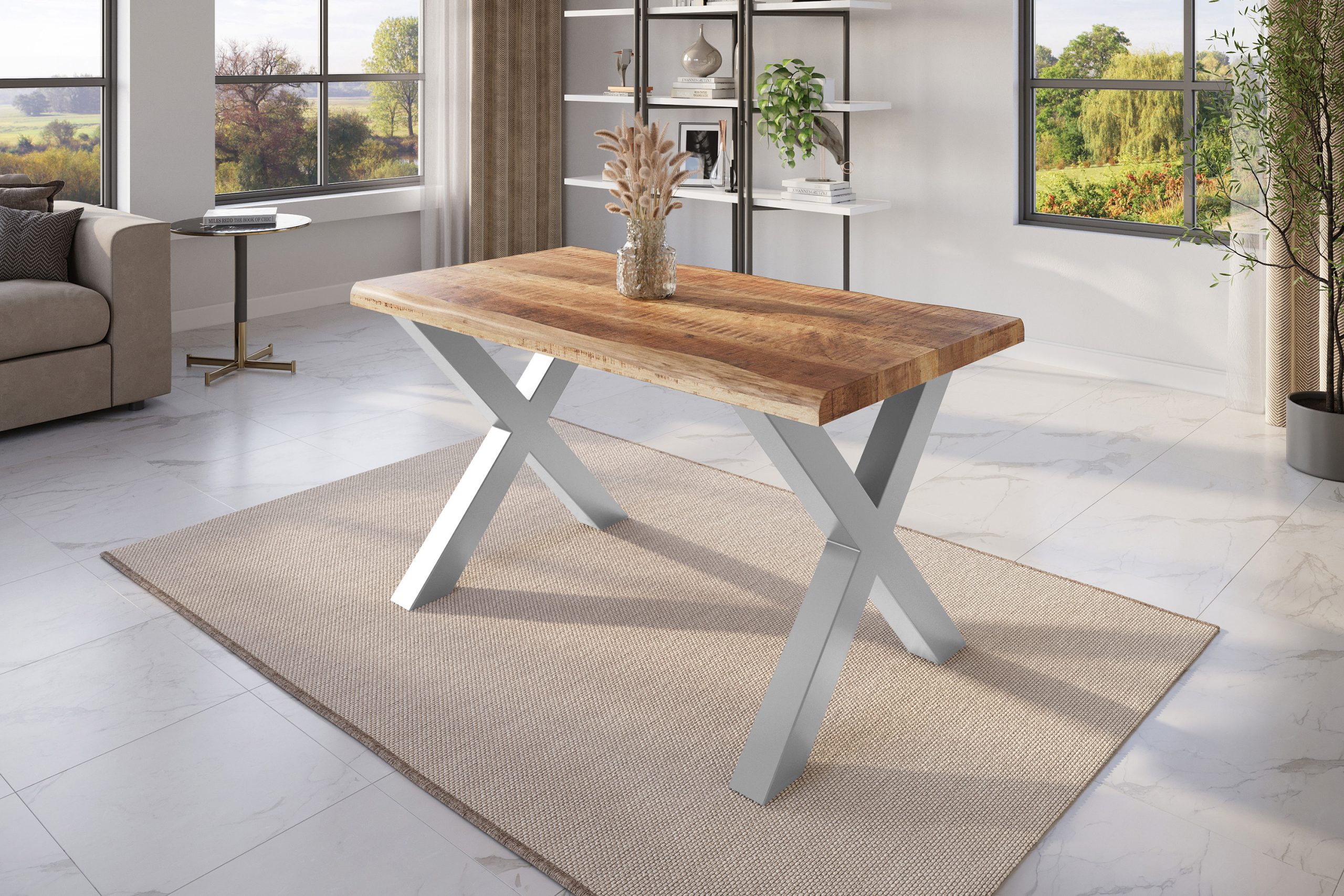 Esstisch Baumkante 120 x 80 cm Mangoholz Rough X-Gestell silber ATLAS