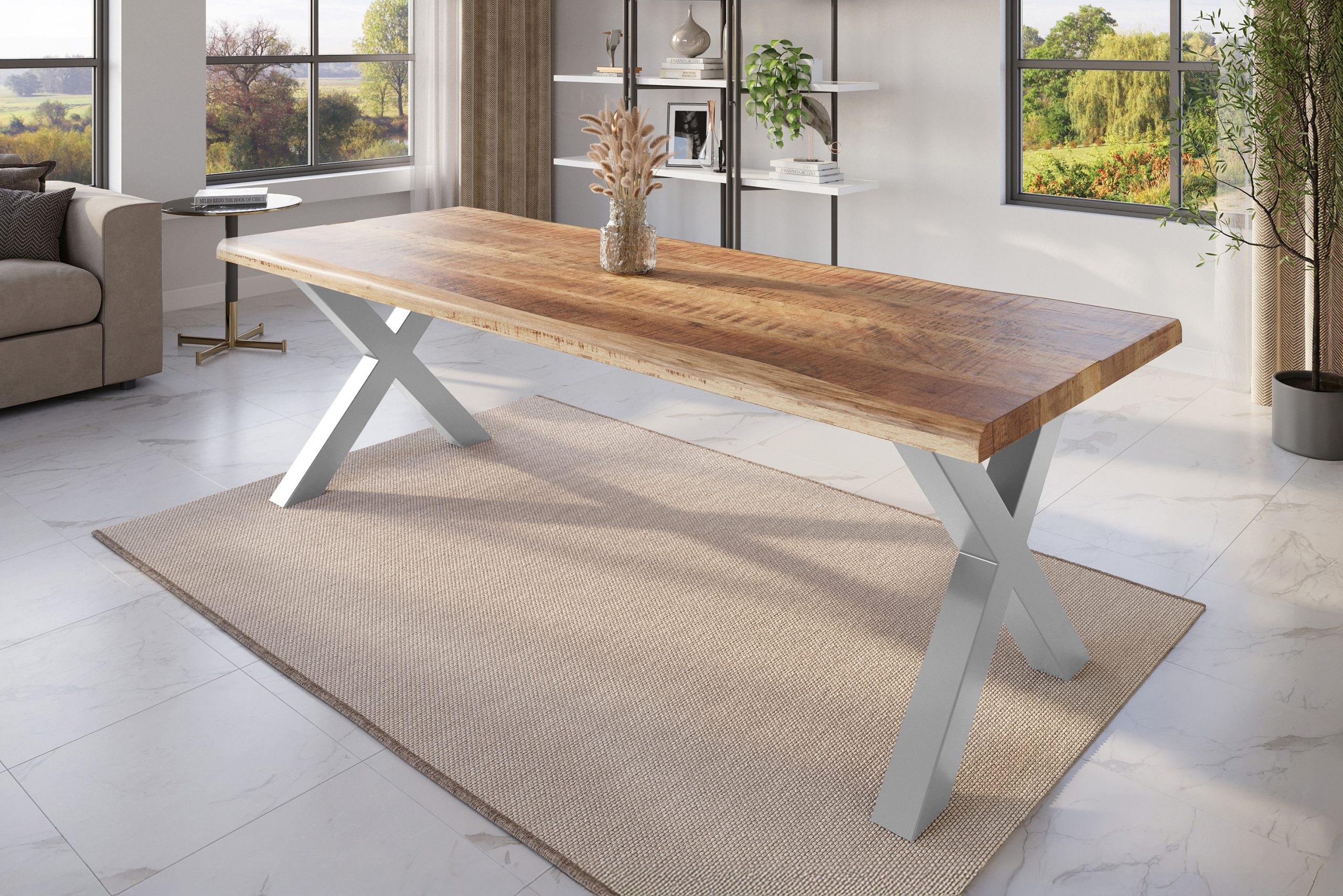 Esstisch Baumkante 300 x 100 cm Mangoholz Rough X-Gestell silber ATLAS