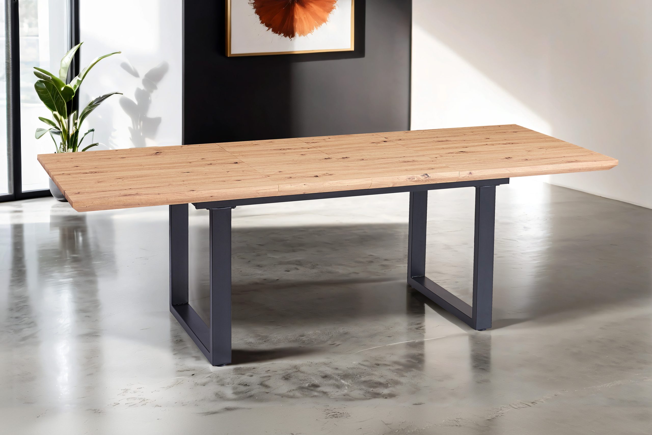 Esszimmertisch Schweizer Kante eichenfarben 160(240) x 90 schwarz U-Gestell BIRD