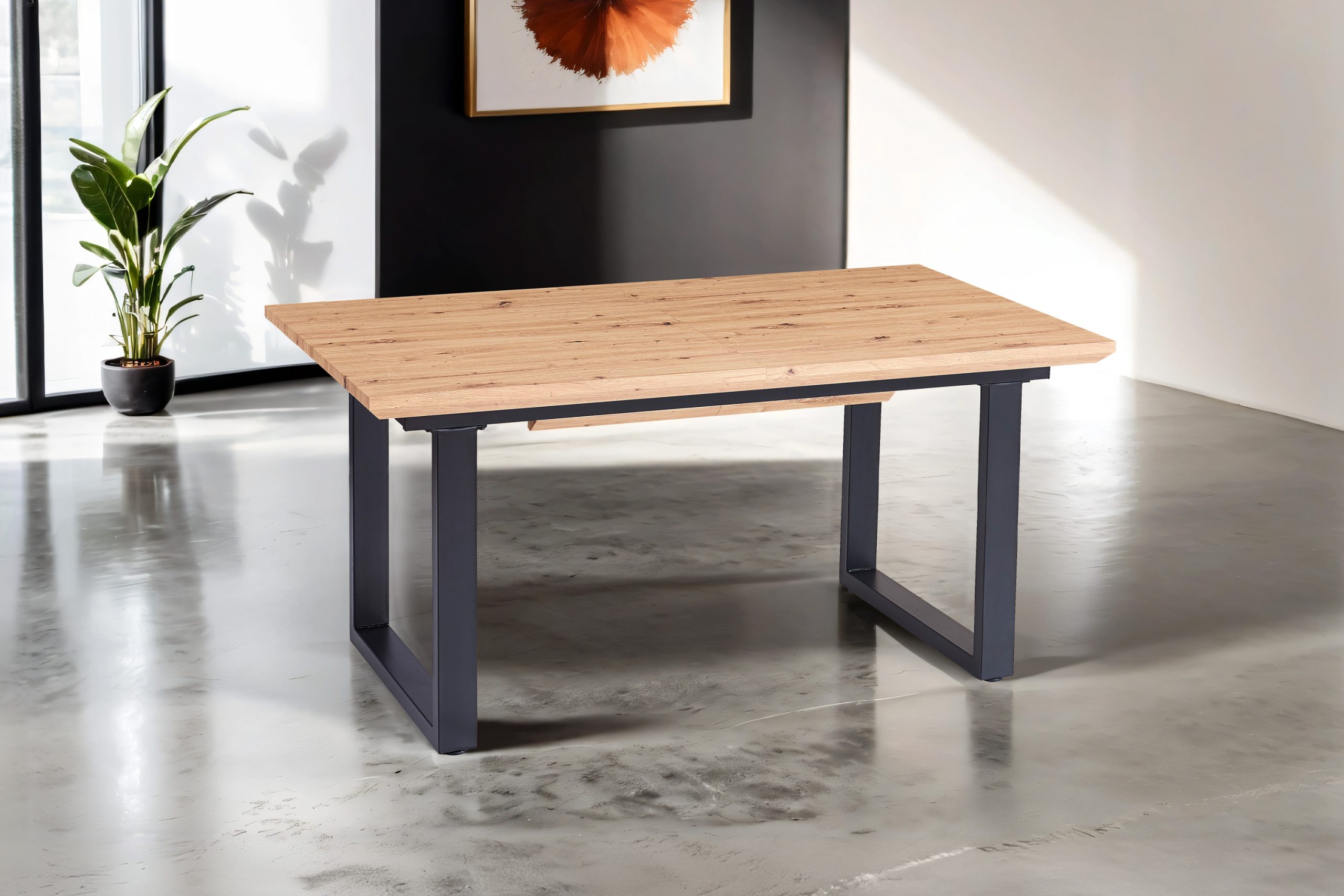 Esszimmertisch Schweizer Kante eichenfarben 160(240) x 90 schwarz U-Gestell BIRD – Bild 4
