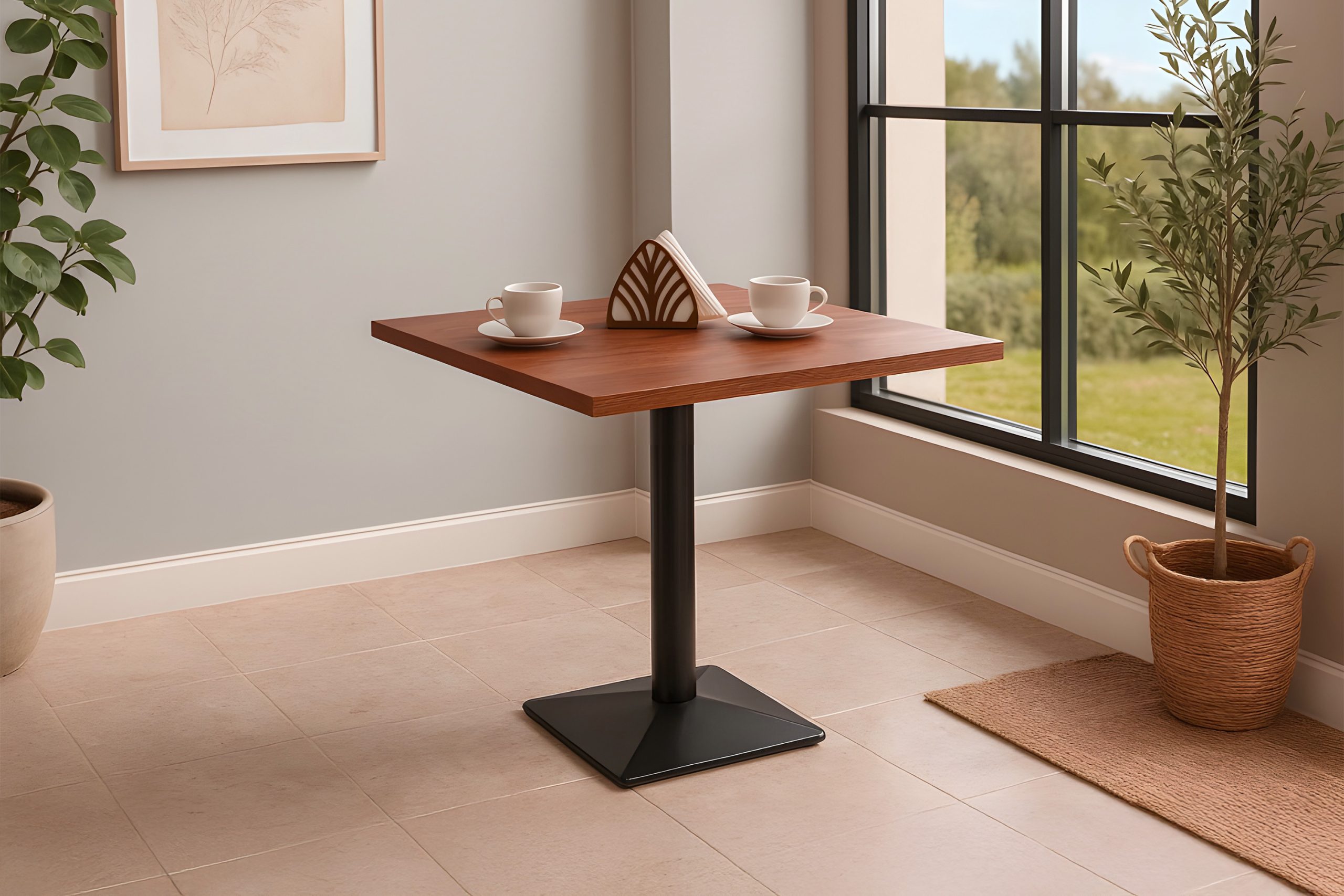 Bistrotisch Gerade Kante massiv Akazie nussbaum 75 x 75 cm Säulengestell schwarz BRASILEIRO