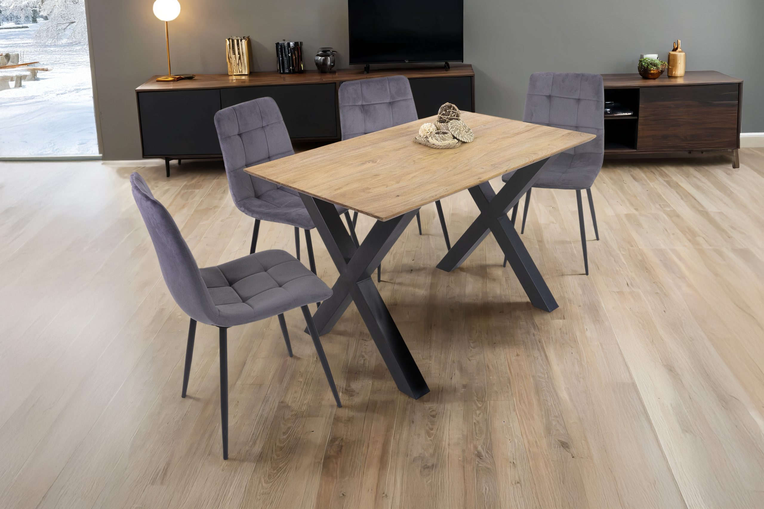 Esstisch 140x80cm Akazie massiv eichenfarben schweizer Kante X-Gestell schwarz DEAN – Bild 7