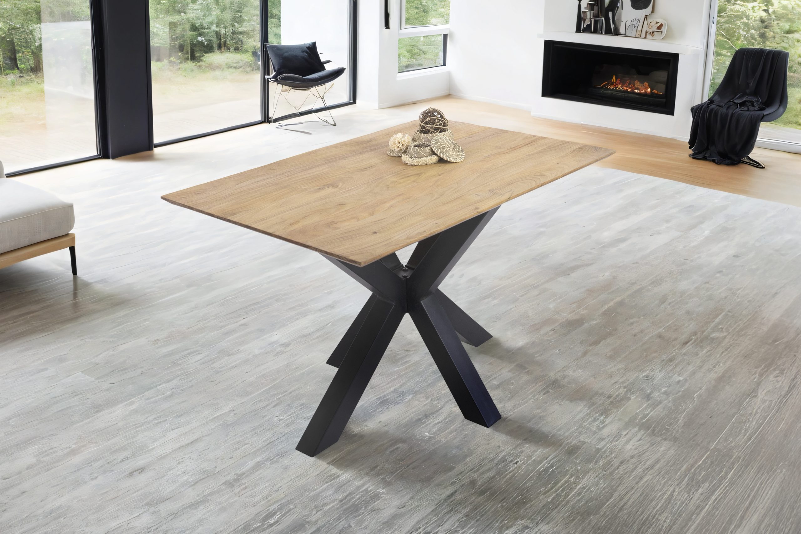 Esstisch 140x80cm Akazie massiv eichenfarben schweizer Kante Spider-Gestell schwarz DEAN