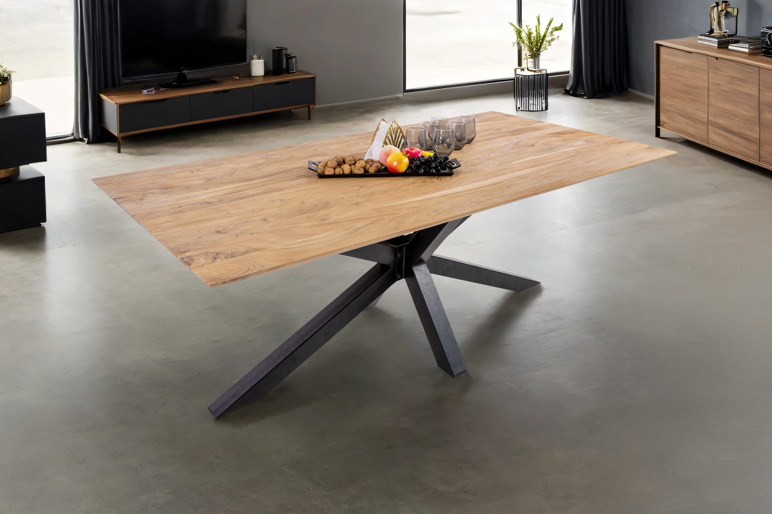 Esstisch 180x90 cm Akazie massiv eichenfarben schweizer Kante Spider-Gestell schwarz DEAN