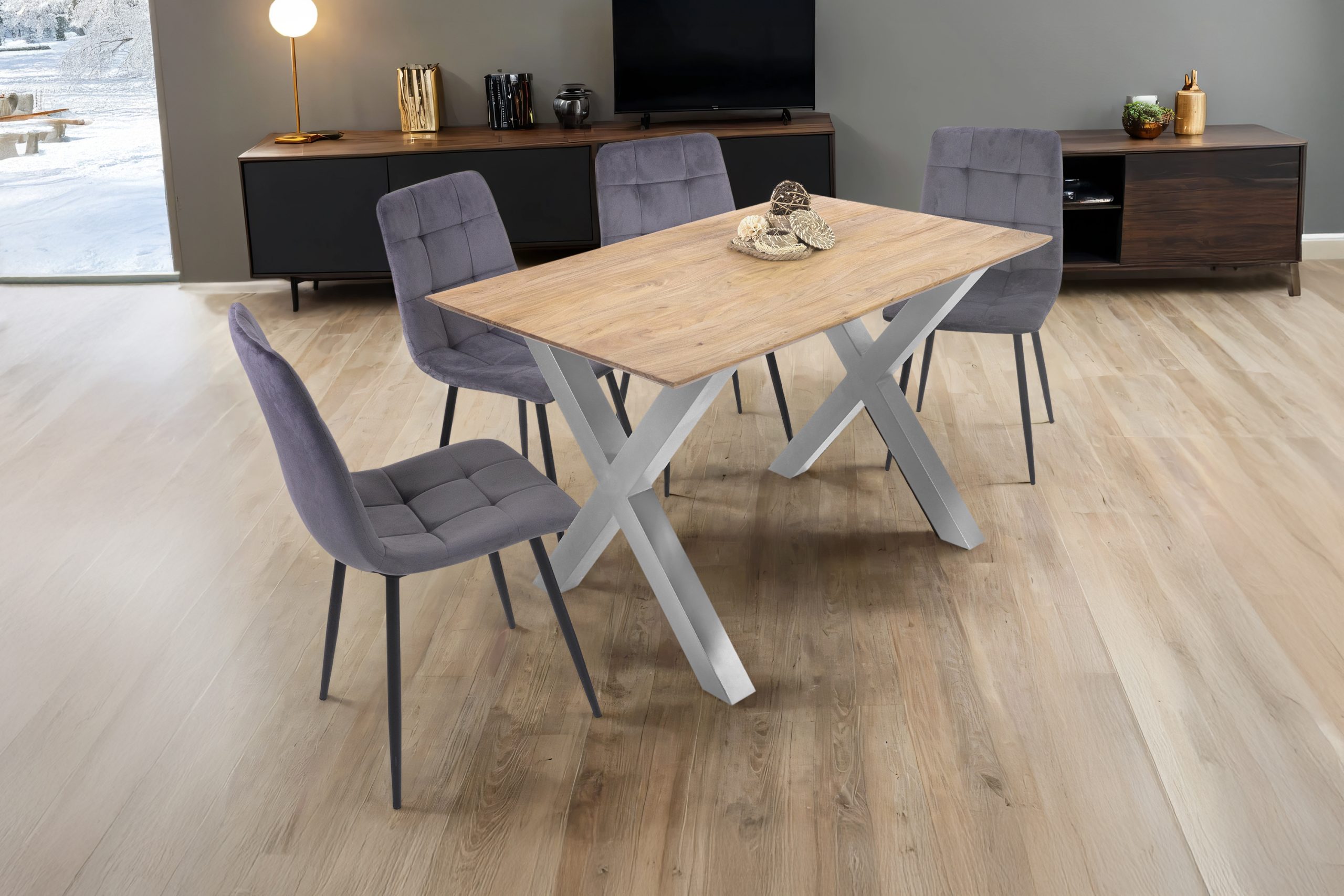 Esstisch 140x80cm Akazie massiv eichenfarben schweizer Kante X-Gestell silber DEAN – Bild 7