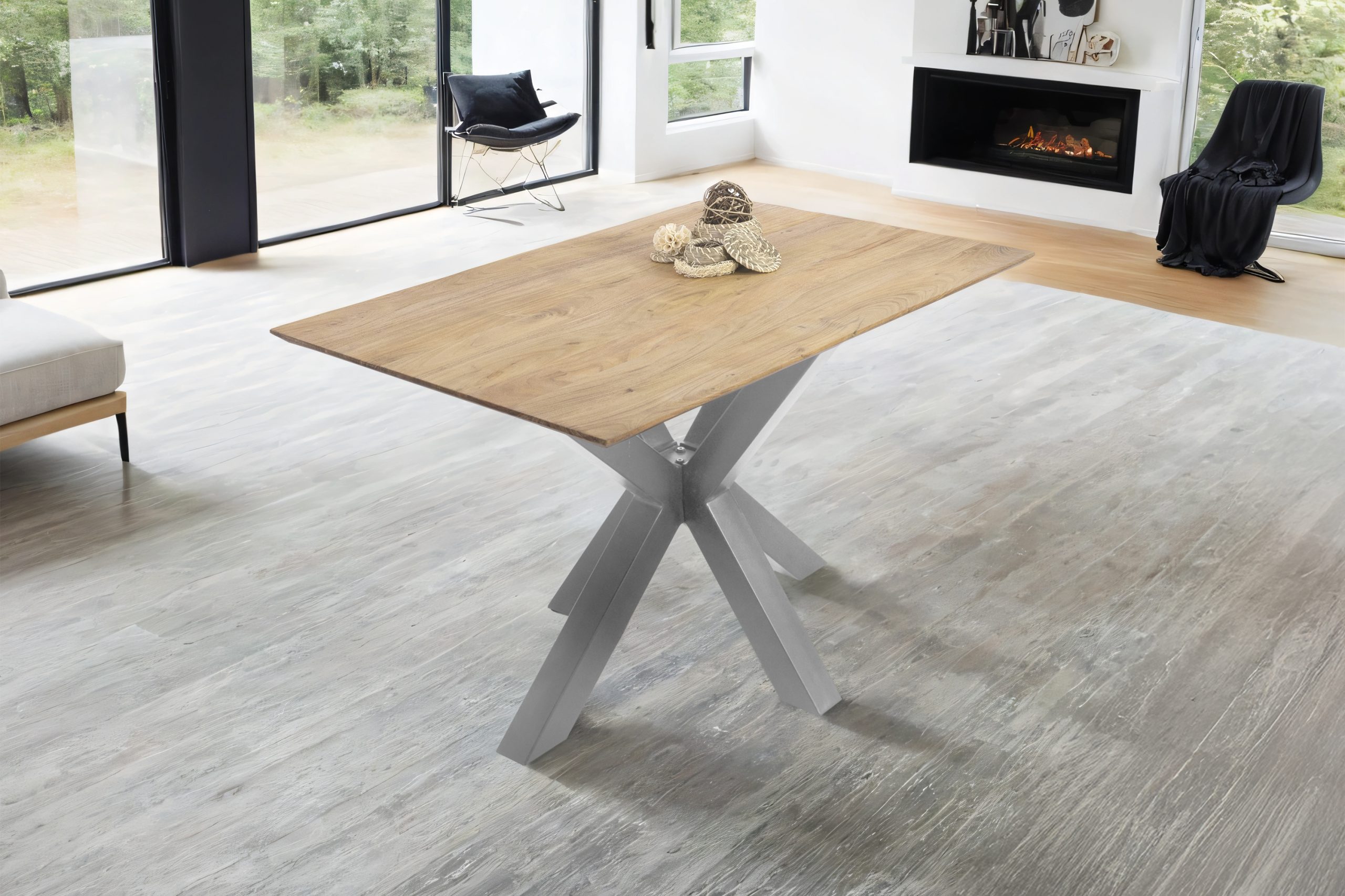 Esstisch 140x80cm Akazie massiv eichenfarben schweizer Kante Spider-Gestell silber DEAN