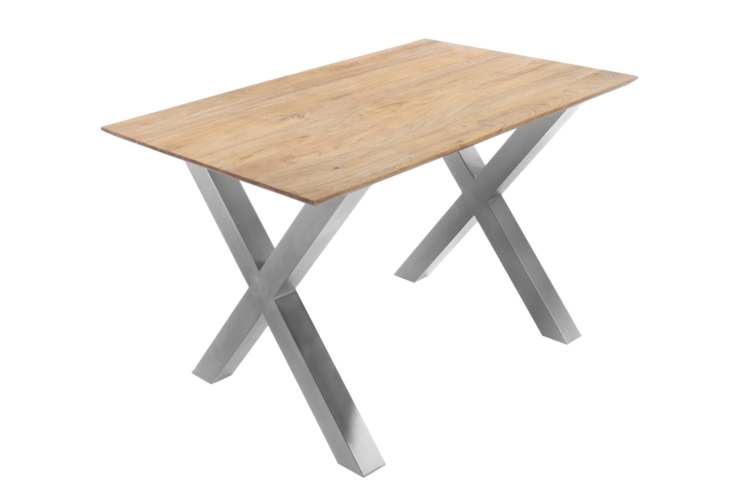 Esstisch 160x85cm Akazie massiv eichenfarben schweizer Kante X-Gestell silber DEAN – Bild 3