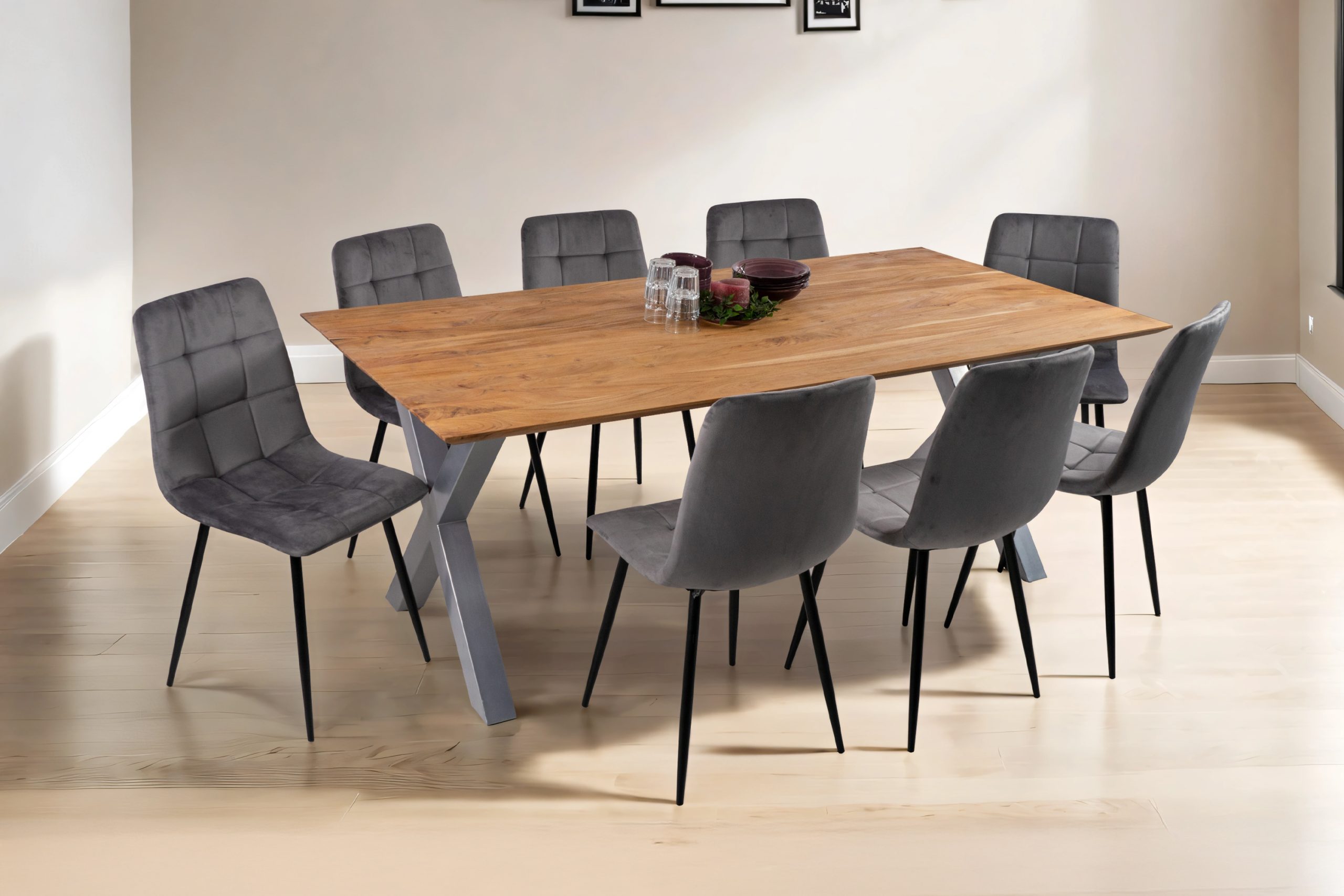 Esstisch 180x90 cm Akazie massiv eichenfarben schweizer Kante X-Gestell silber DEAN – Bild 7