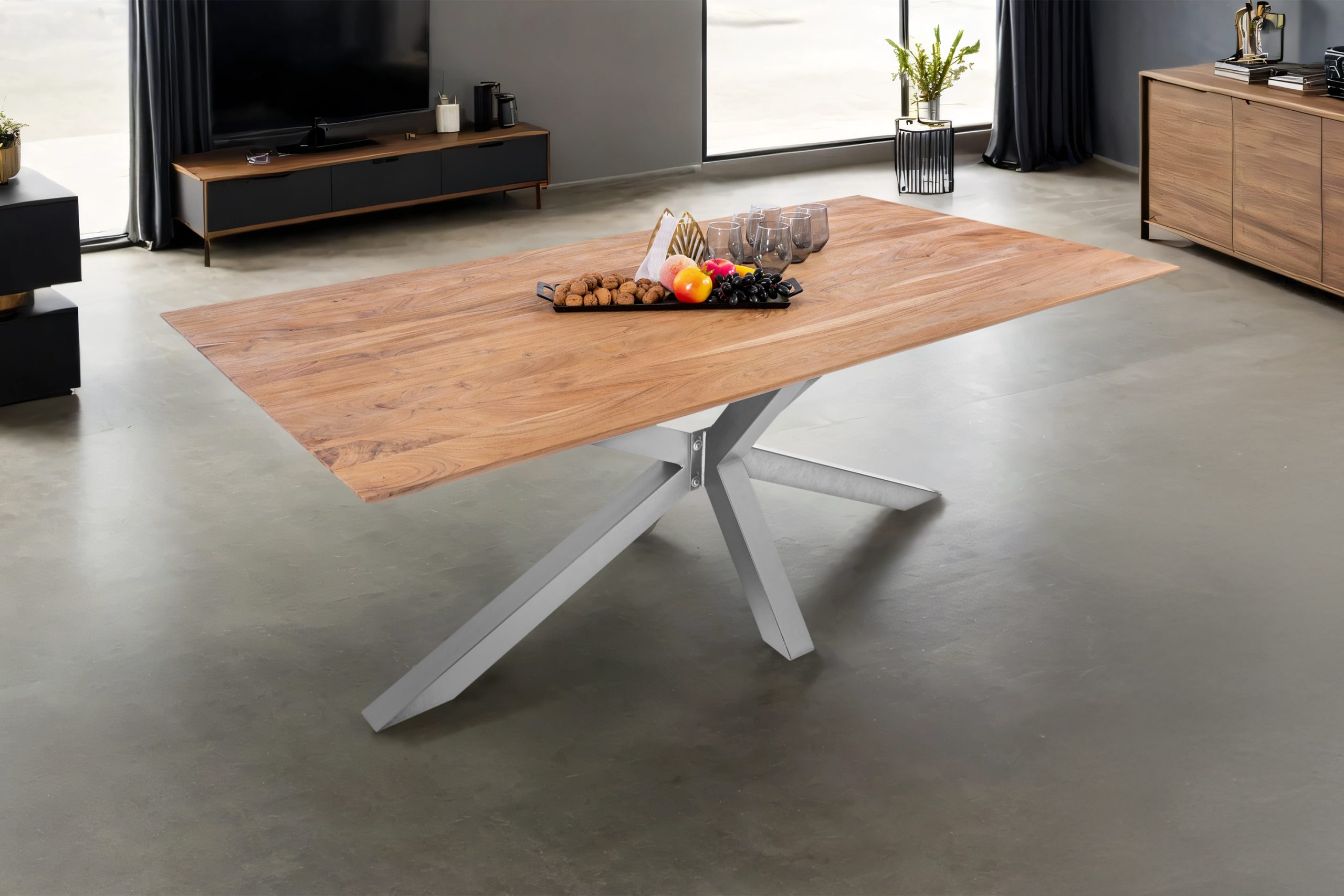 Esstisch 180x90 cm Akazie massiv eichenfarben schweizer Kante Spider-Gestell silber DEAN