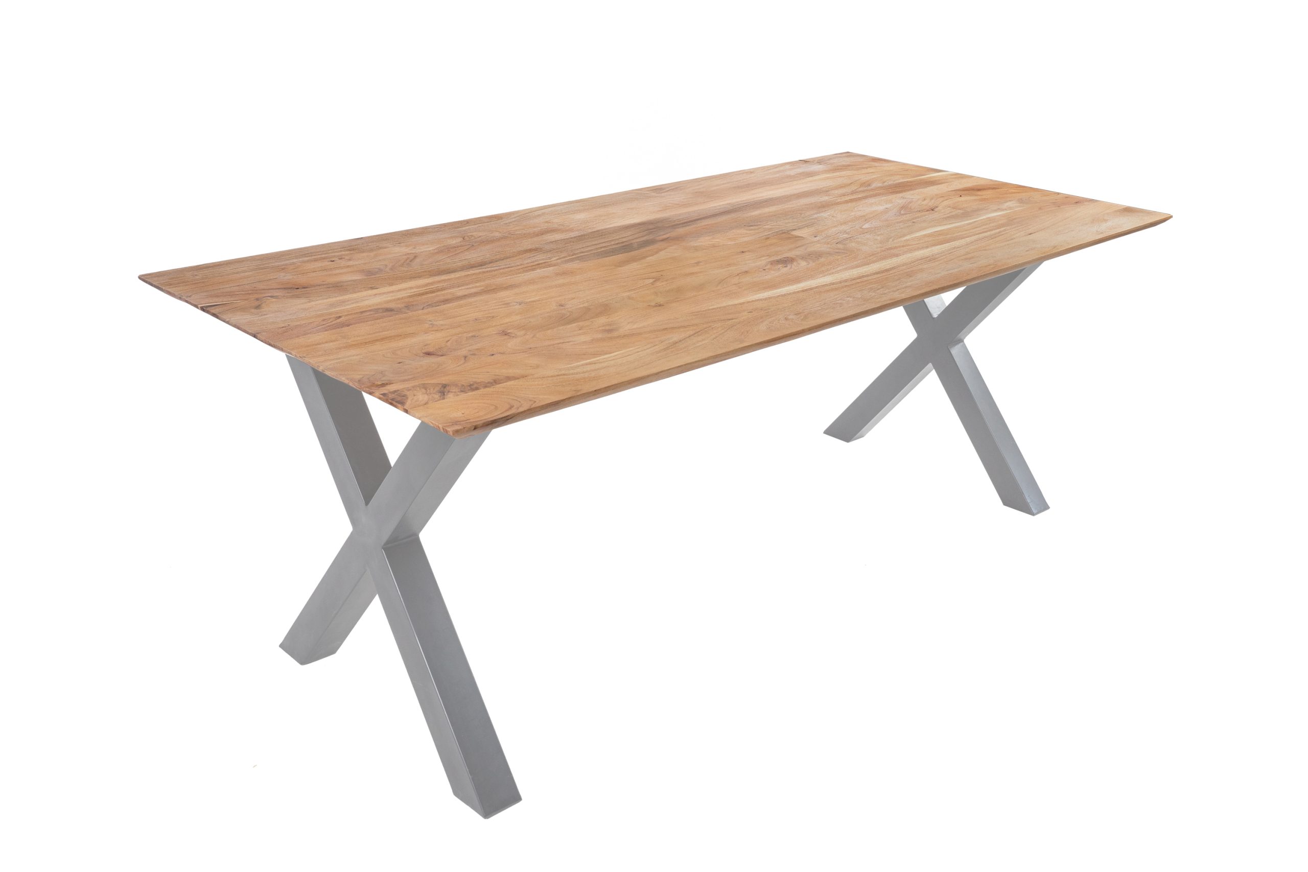 Esstisch 200x100 cm Akazie massiv eichenfarben schweizer Kante X-Gestell silber DEAN – Bild 3