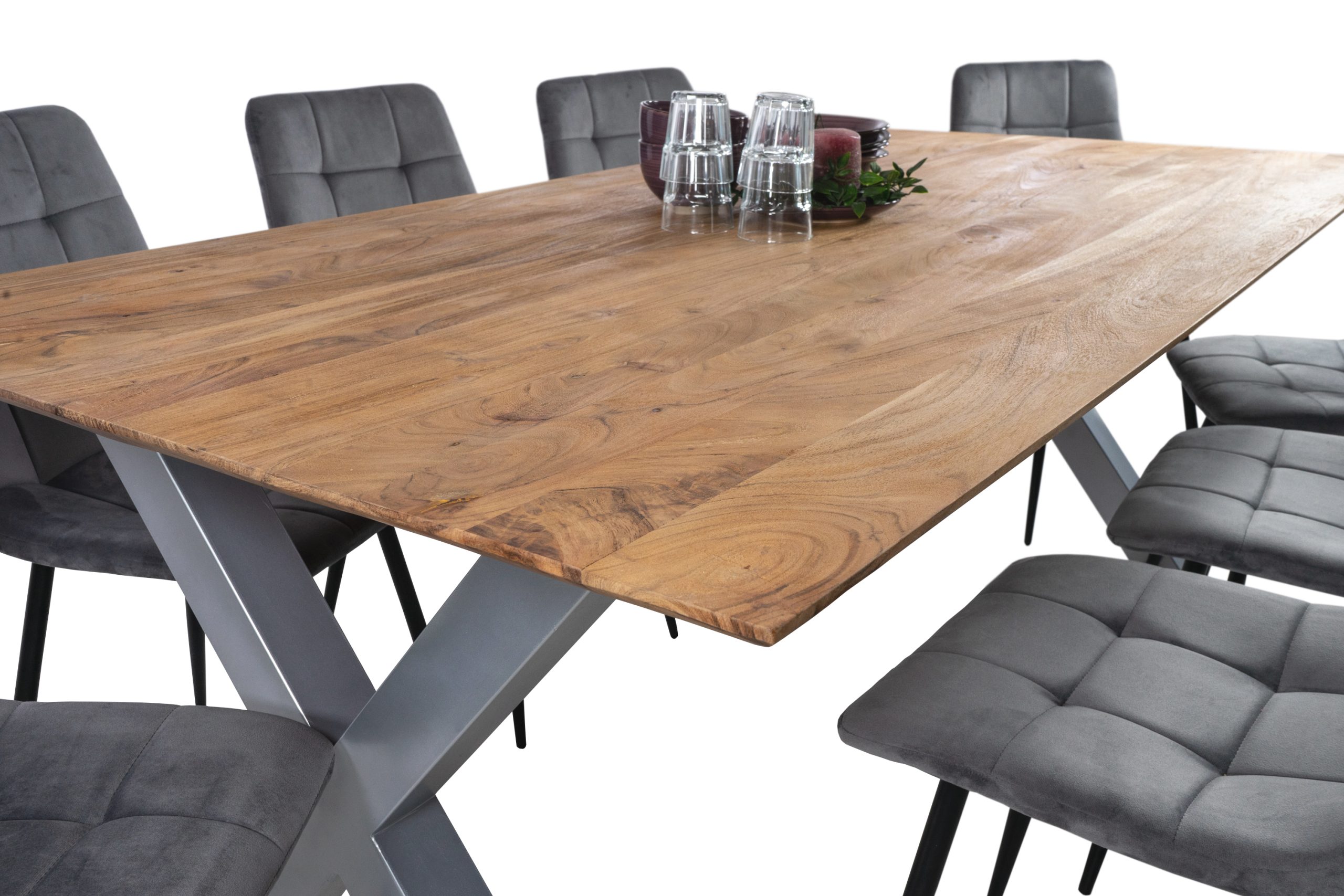 Esstisch 200x100 cm Akazie massiv eichenfarben schweizer Kante X-Gestell silber DEAN – Bild 5