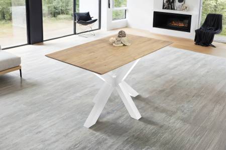 Esstisch 140x80cm Akazie massiv eichenfarben schweizer Kante Spider-Gestell weiß DEAN