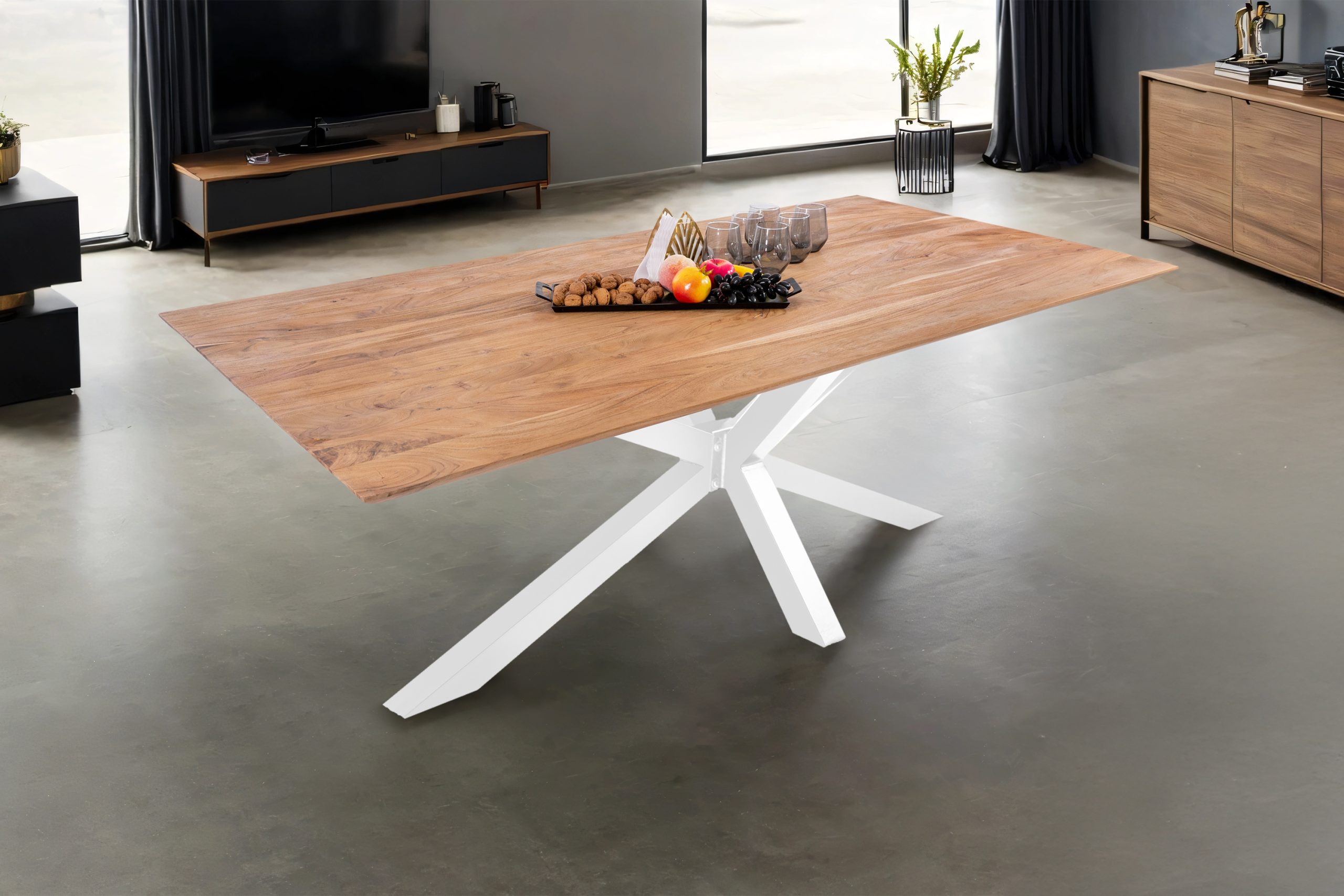 Esstisch 200x100 cm Akazie massiv eichenfarben schweizer Kante Spider-Gestell weiß DEAN