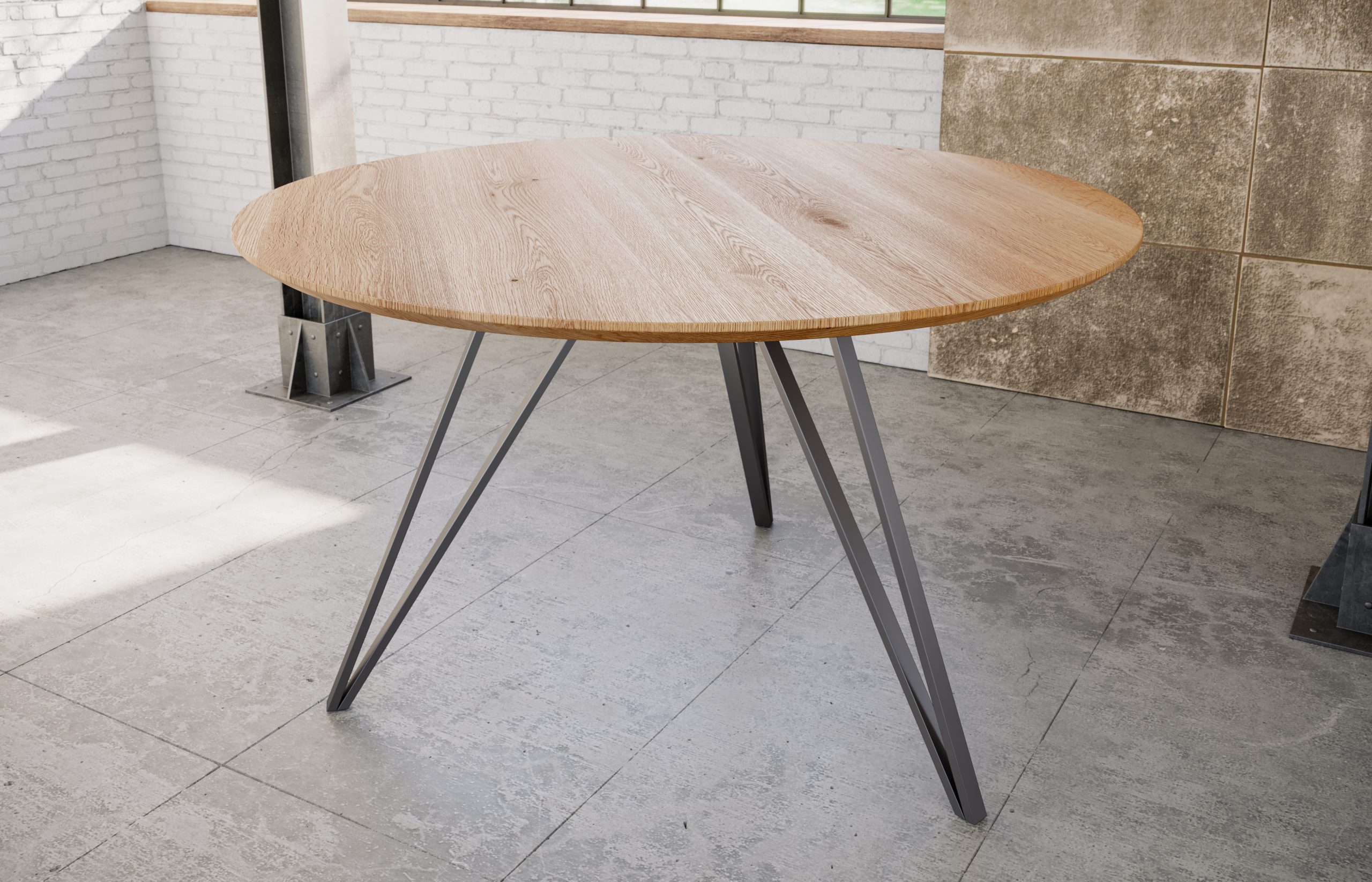 Esstisch rund Eichenholz Schweizer Kante Hairpin-Gestell 100 cm silber DREAM