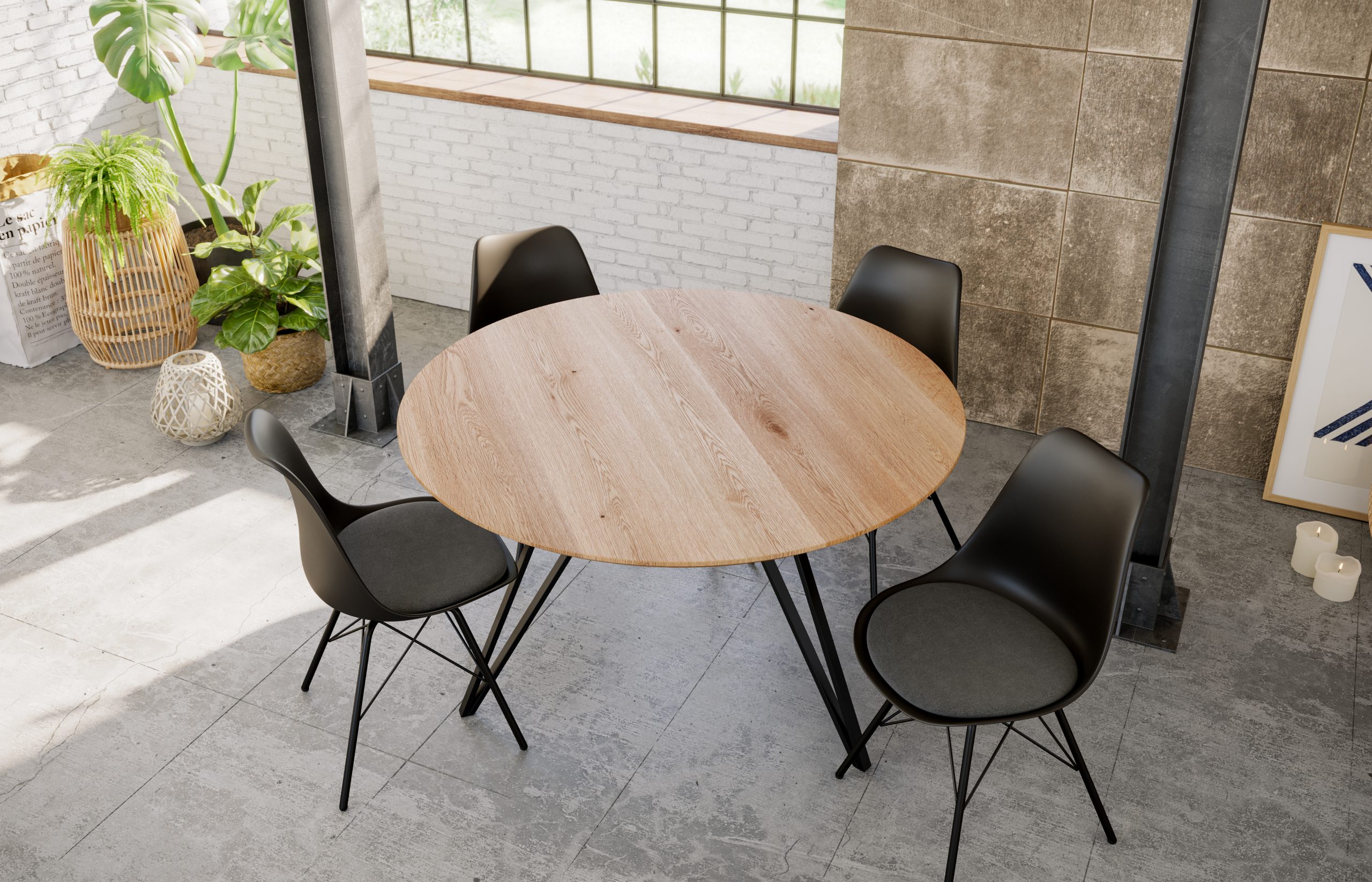 Esstisch rund Eichenholz Schweizer Kante Hairpin-Gestell 110 cm schwarz DREAM – Bild 5