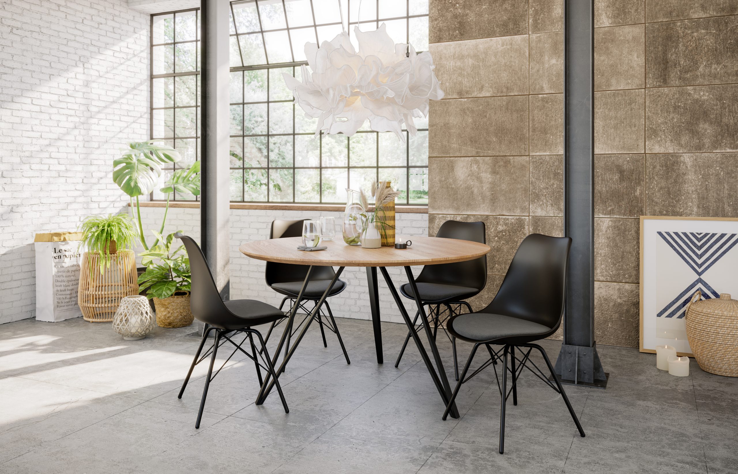 Esstisch rund Eichenholz Schweizer Kante Hairpin-Gestell 110 cm schwarz DREAM – Bild 6