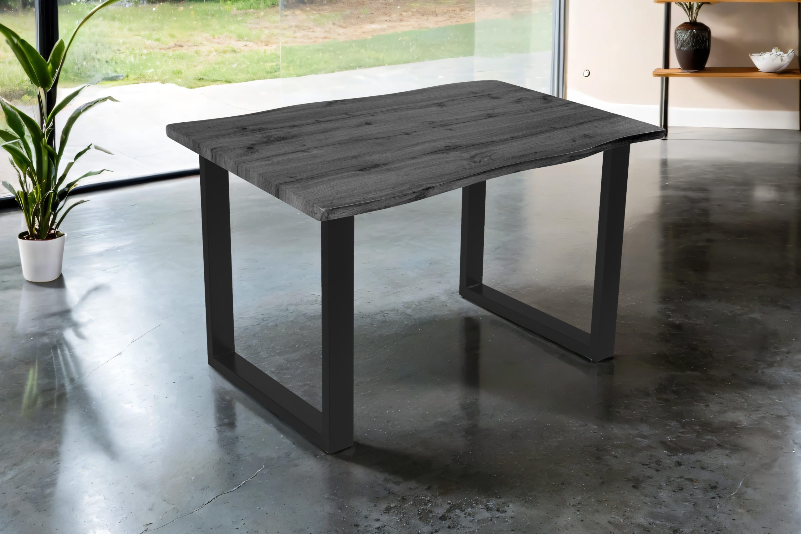 Esstisch 120x80 cm Baumkante Holz Grau-Optik U-Gestell Metall schwarz JOSY