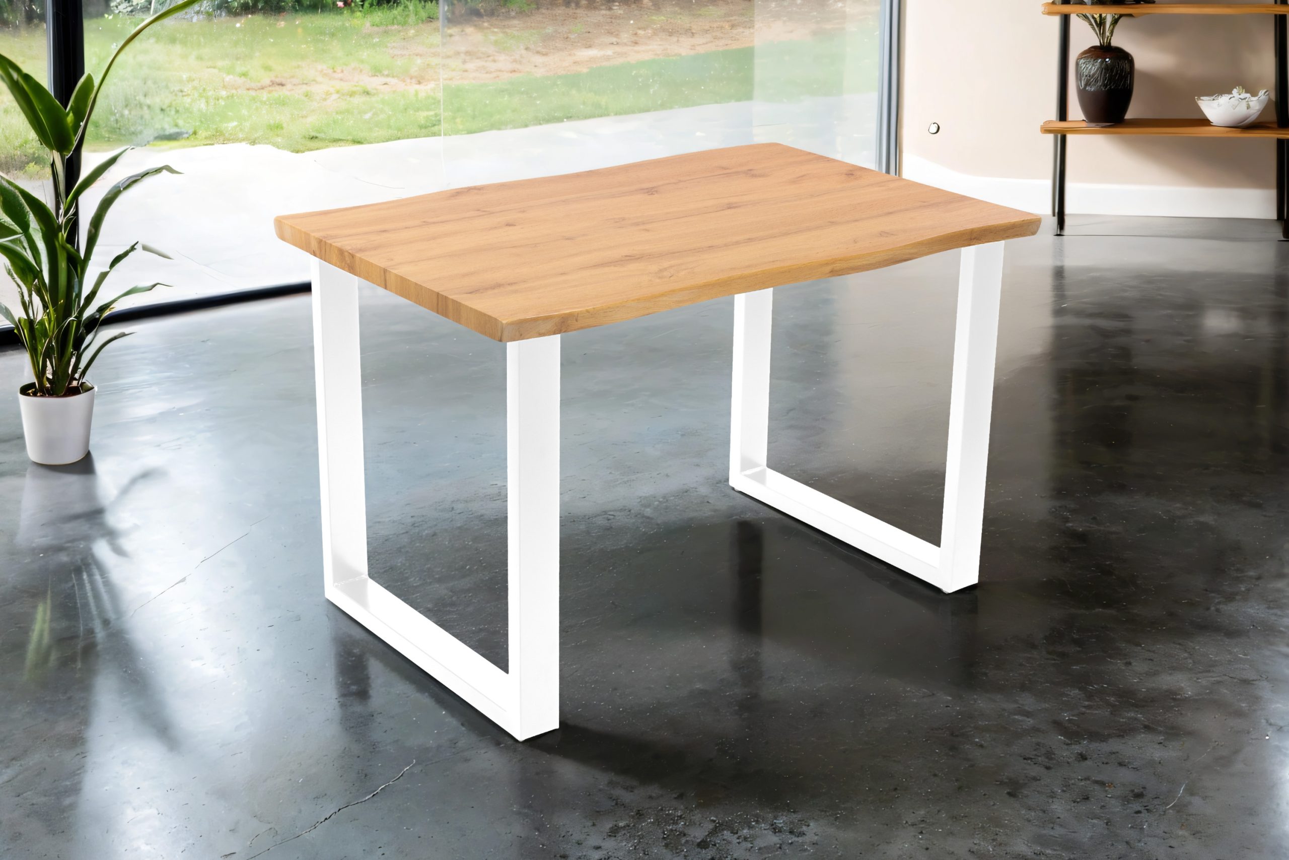 Esstisch 120x80 cm Baumkante Holz Wildeiche-Optik U-Gestell Metall weiß JOSY