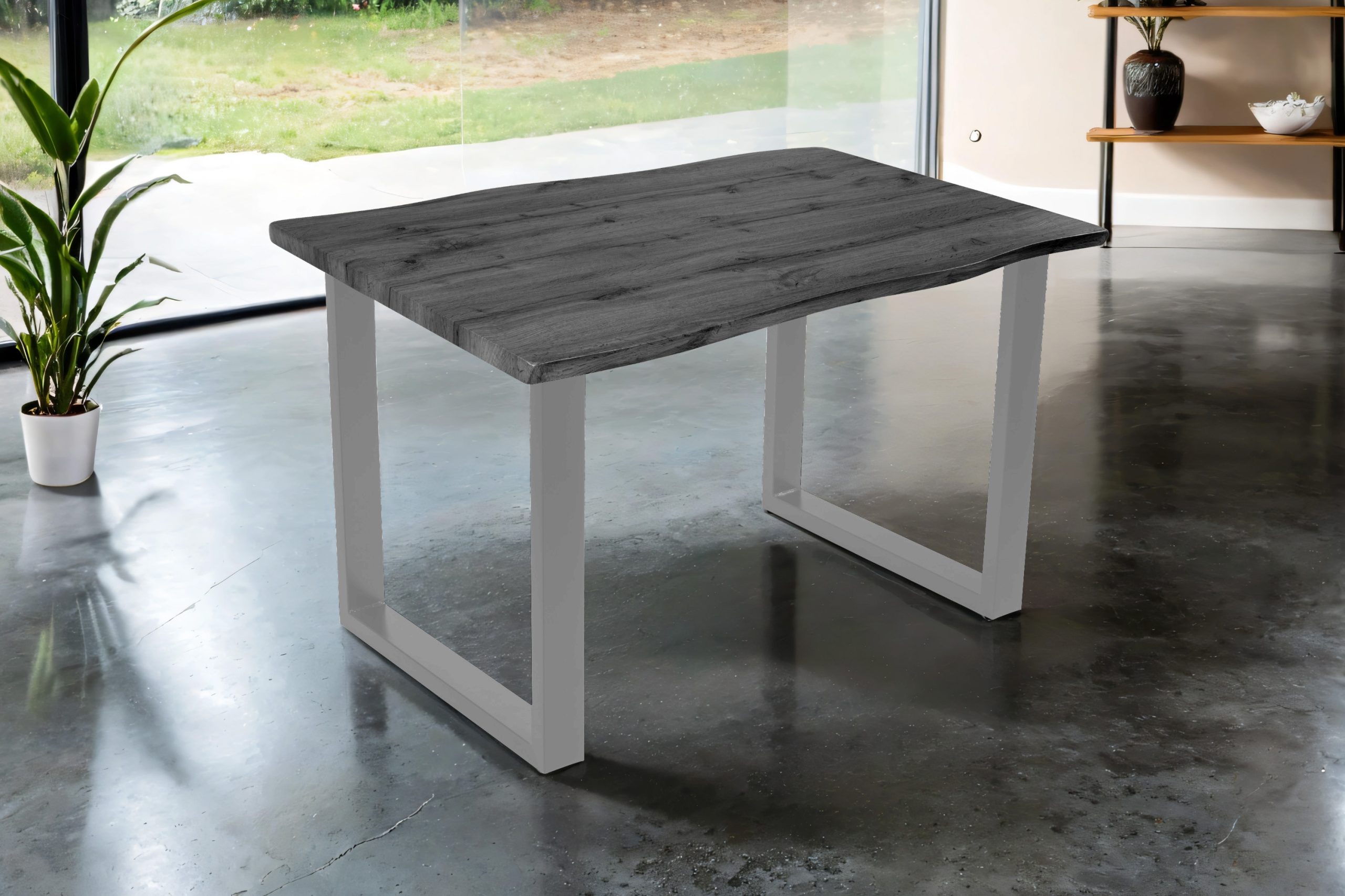 Esstisch 140x80 cm Baumkante Holz Grau-Optik U-Gestell Metall silber JOSY