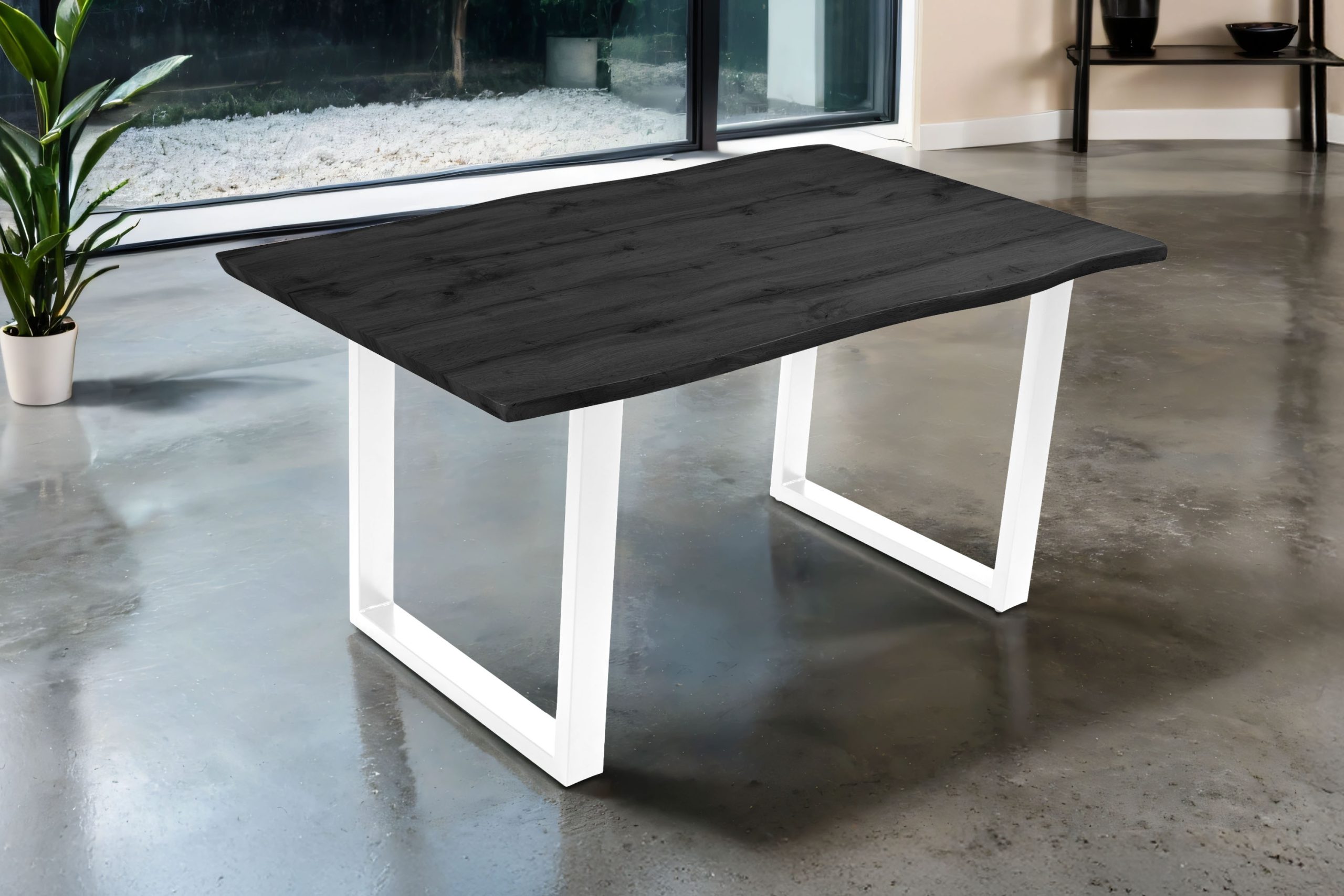 Esstisch 160x85 cm Baumkante Holz Grau-Optik U-Gestell Metall weiß JOSY