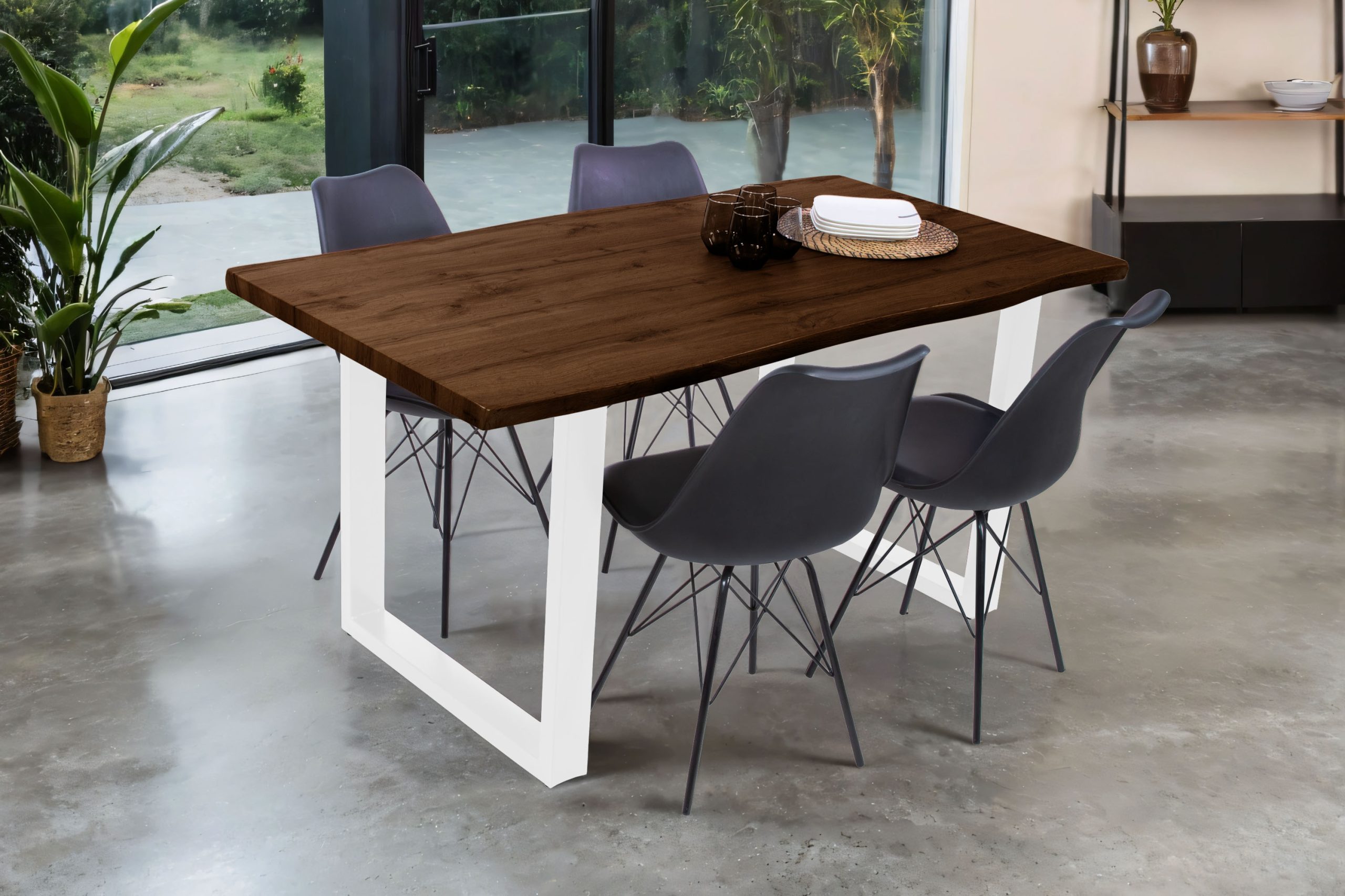 Esstisch 160x85 cm Baumkante Holz Nussbaum-Optik U-Gestell Metall weiß JOSY – Bild 4