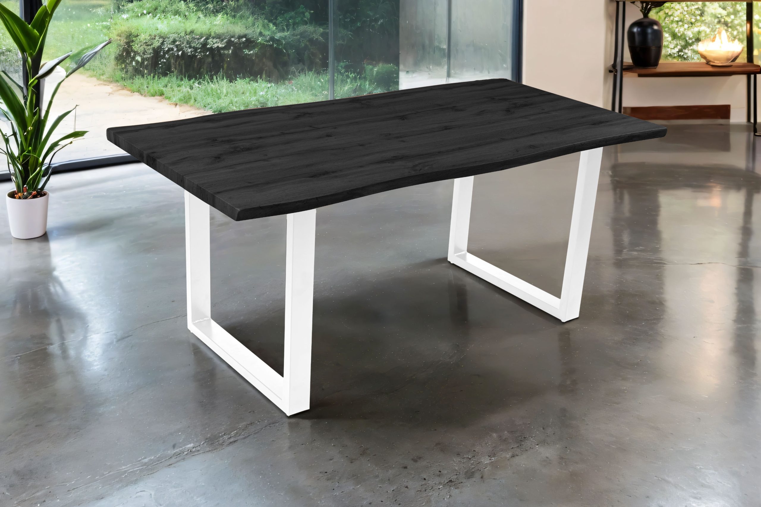 Esstisch 180x90 cm Baumkante Holz Grau-Optik U-Gestell Metall weiß JOSY