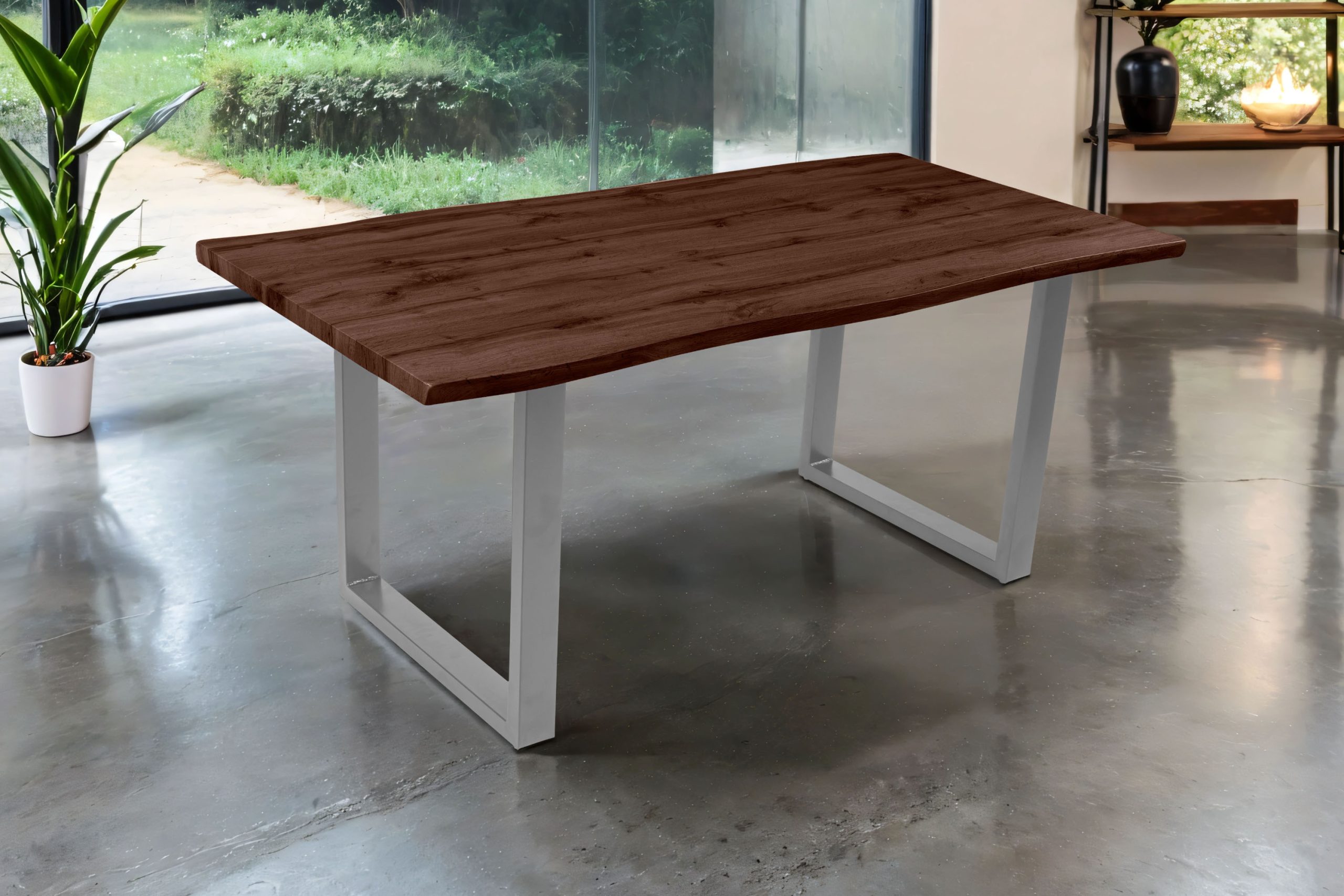 Esstisch 180x90 cm Baumkante Holz Nussbaum-Optik U-Gestell Metall silber JOSY