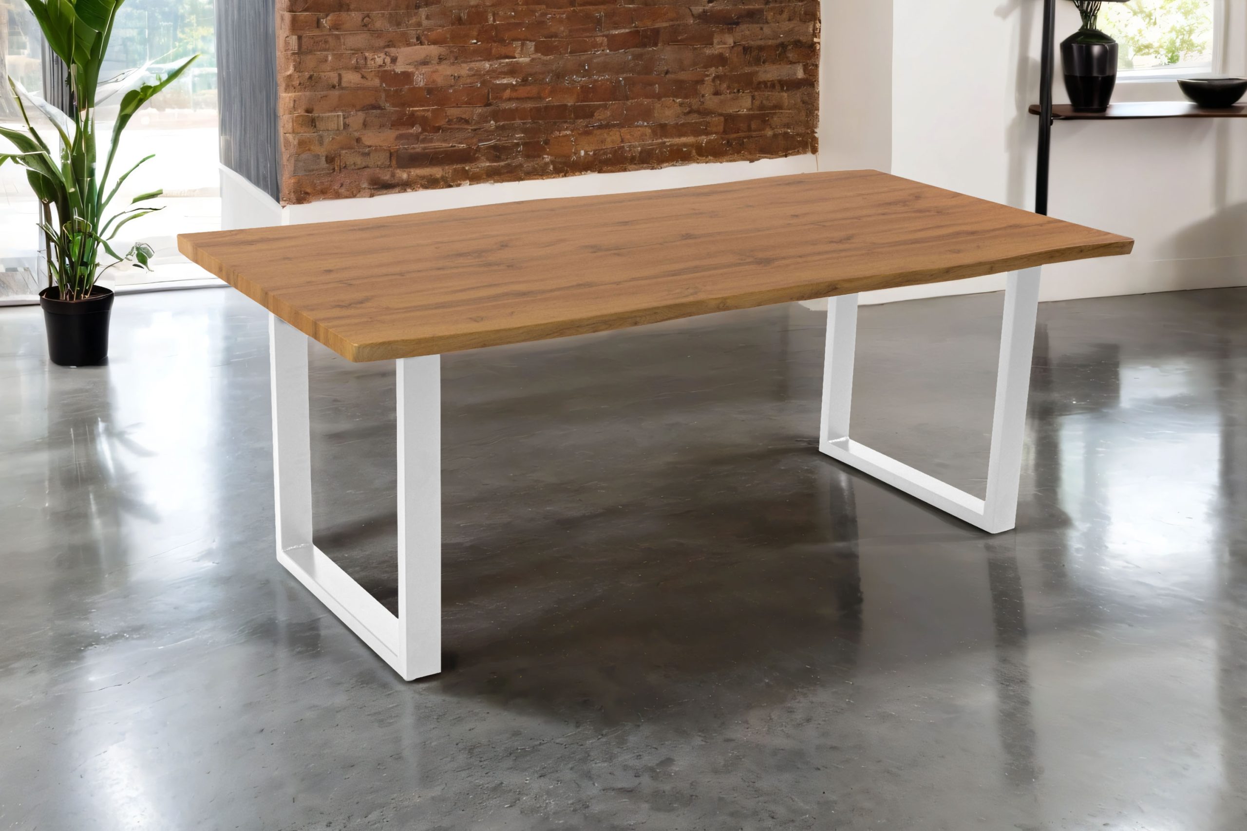 Esstisch 200x100 cm Baumkante Holz Wildeiche-Optik U-Gestell Metall weiß JOSY