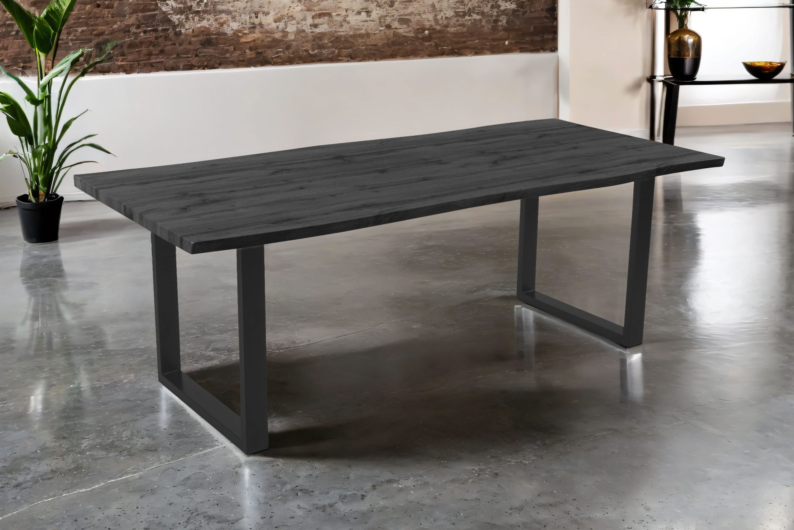 Esstisch 220x100 cm Baumkante Holz Grau-Optik U-Gestell Metall schwarz JOSY