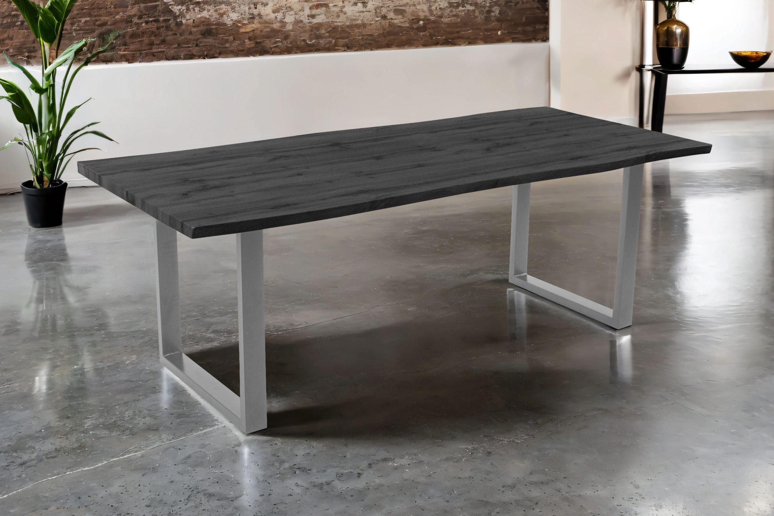 Esstisch 220x100 cm Baumkante Holz Grau-Optik U-Gestell Metall silber JOSY