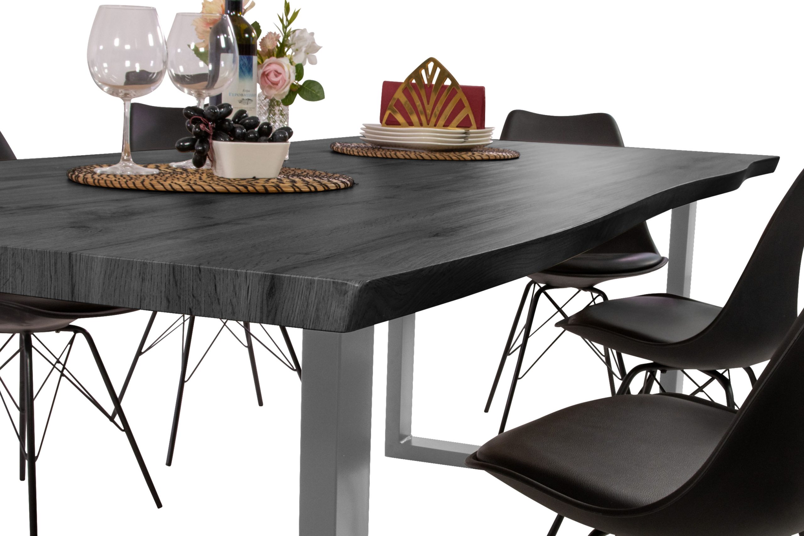 Esstisch 220x100 cm Baumkante Holz Grau-Optik U-Gestell Metall silber JOSY – Bild 5