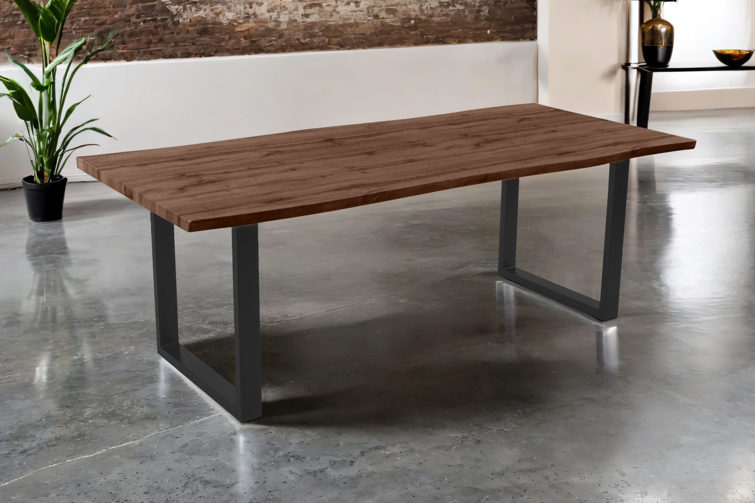 Esstisch 220x100 cm Baumkante Holz Nussbaum-Optik U-Gestell Metall schwarz JOSY