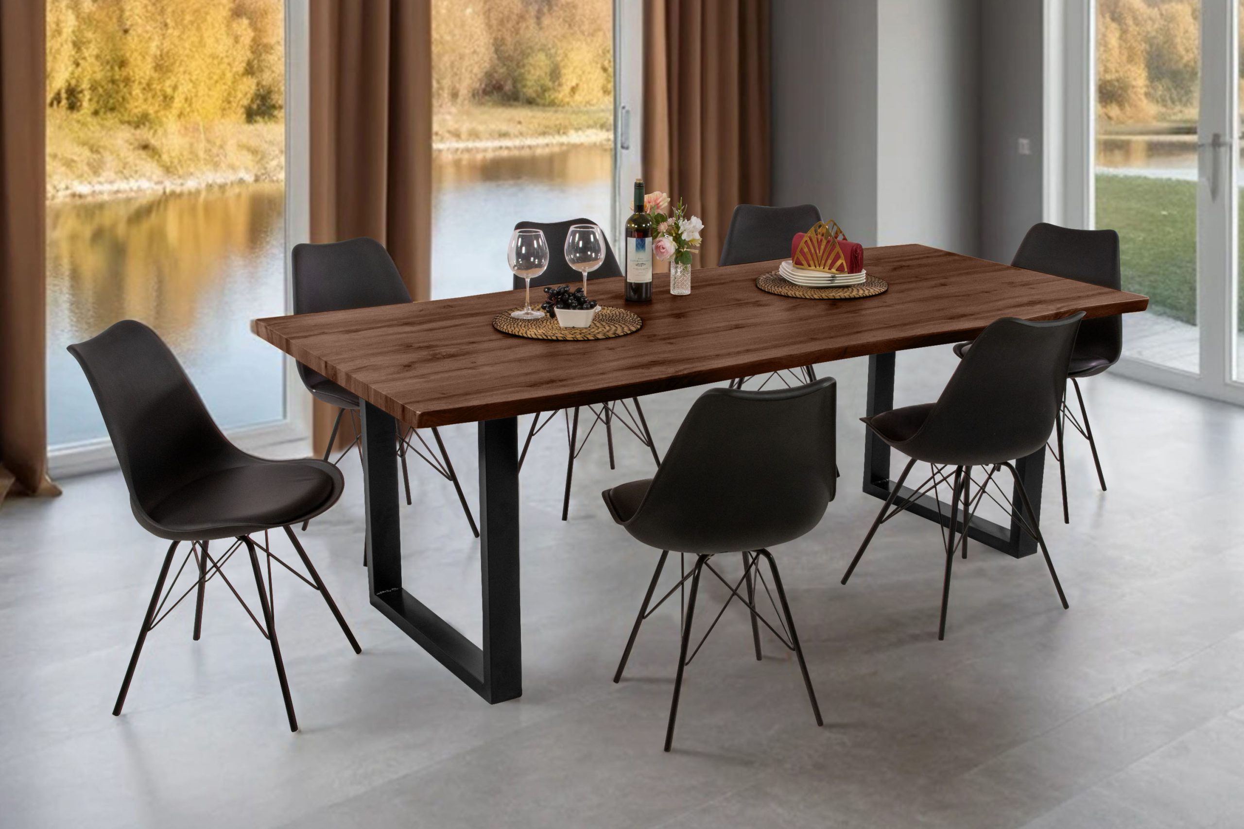 Esstisch 220x100 cm Baumkante Holz Nussbaum-Optik U-Gestell Metall schwarz JOSY – Bild 4