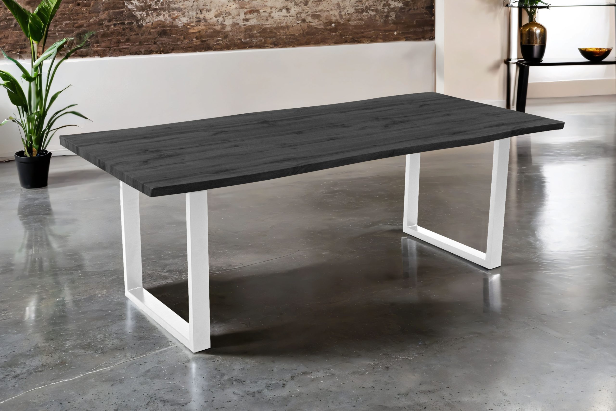 Esstisch 240x100 cm Baumkante Holz Grau-Optik U-Gestell Metall weiß JOSY