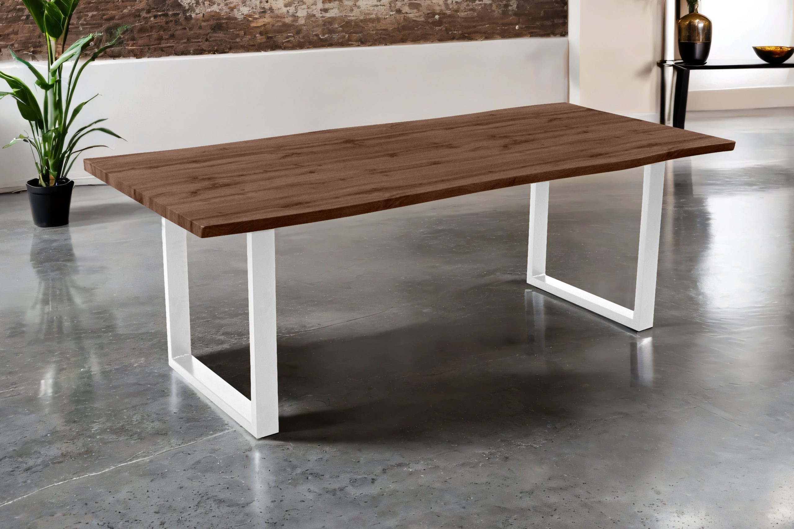 Esstisch 240x100 cm Baumkante Holz Nussbaum-Optik U-Gestell Metall weiß JOSY