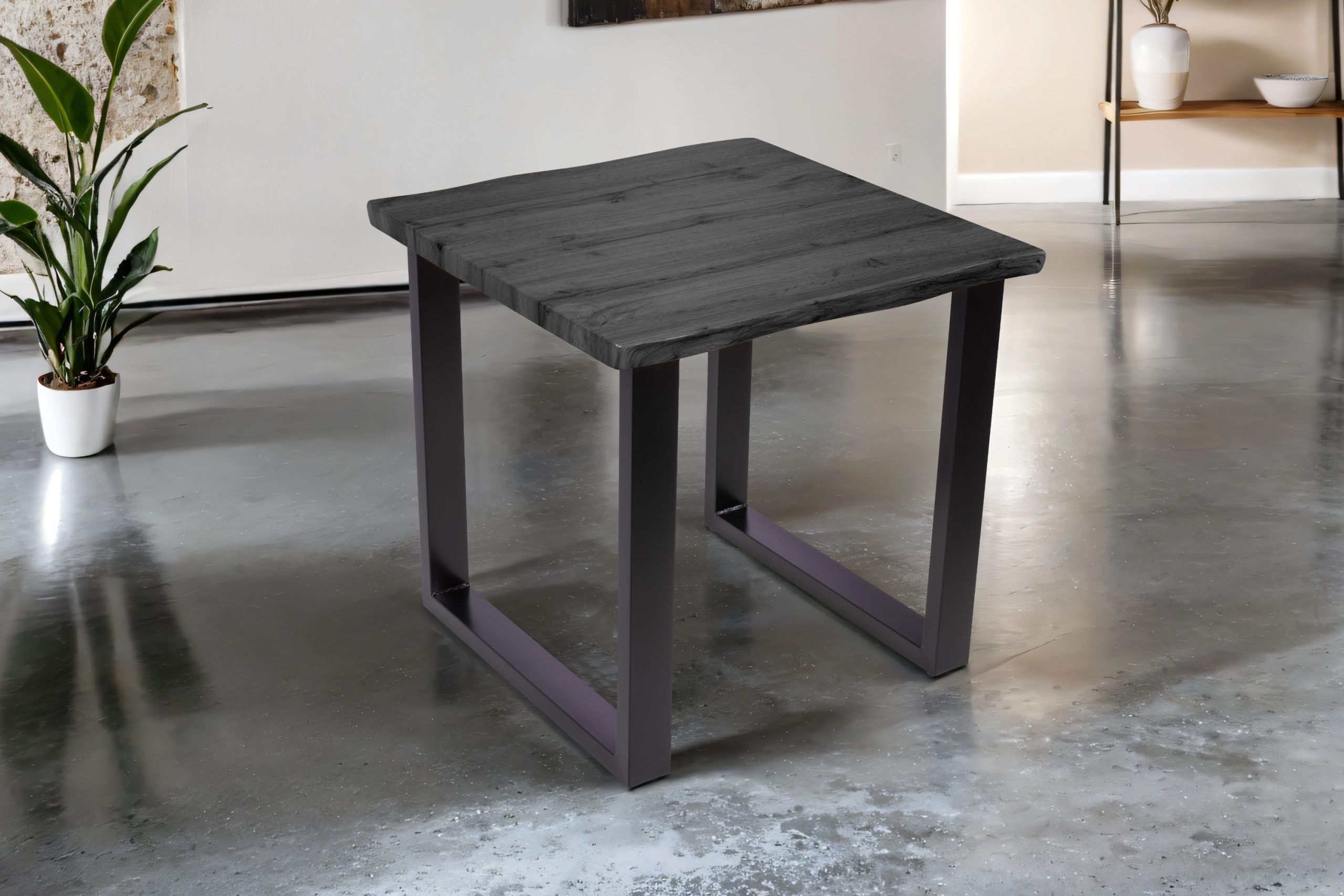 Esstisch 80x80 cm Baumkante Holz Grau-Optik U-Gestell Metall schwarz JOSY