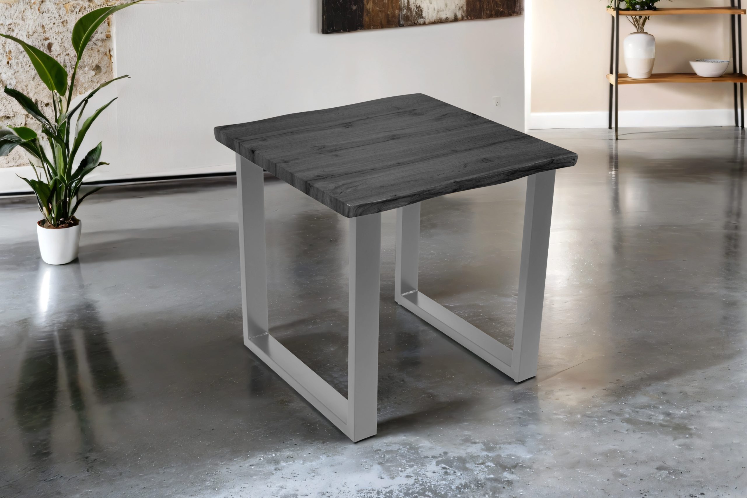 Esstisch 80x80 cm Baumkante Holz Grau-Optik U-Gestell Metall silber JOSY