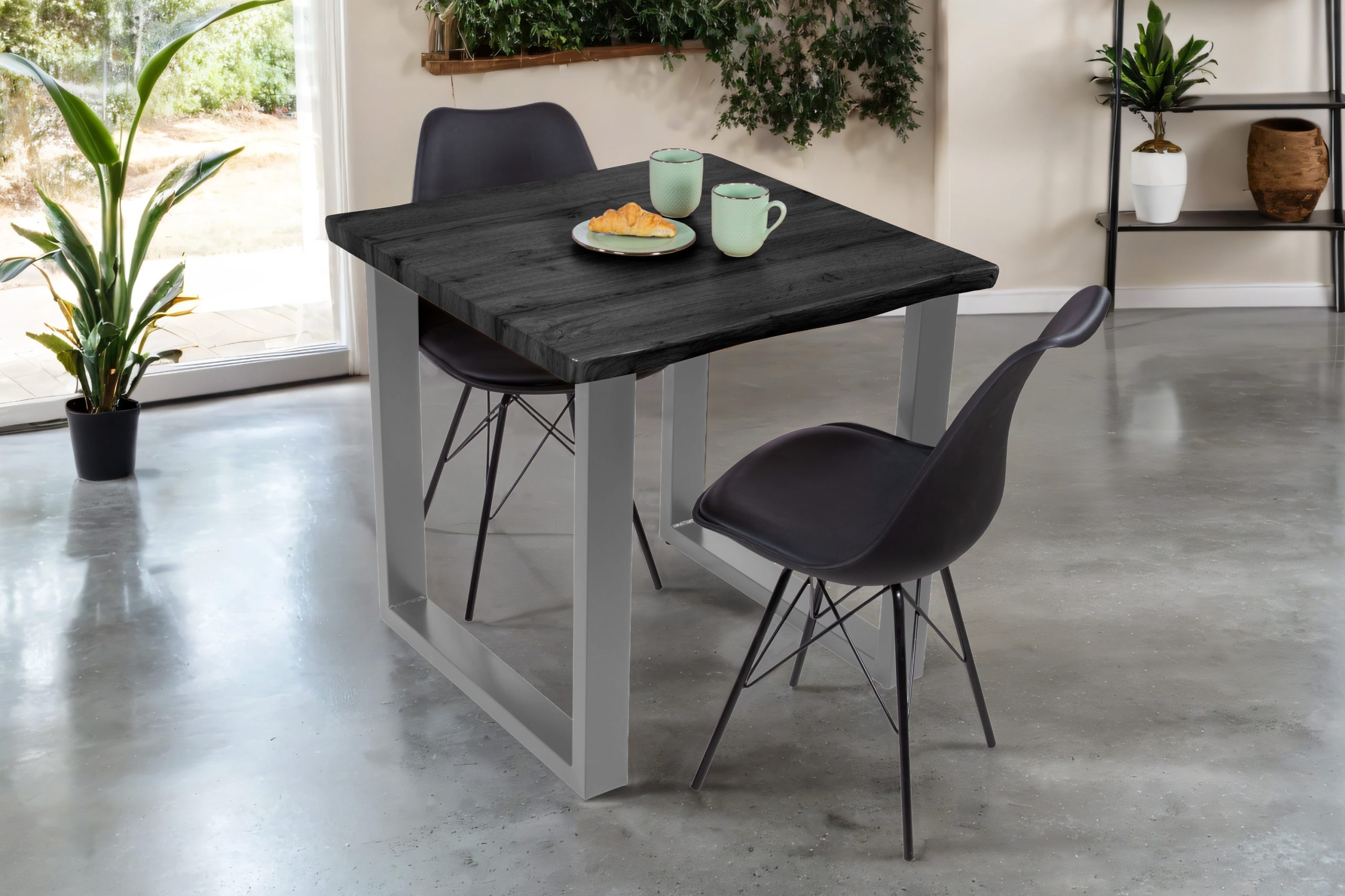 Esstisch 80x80 cm Baumkante Holz Grau-Optik U-Gestell Metall silber JOSY – Bild 4