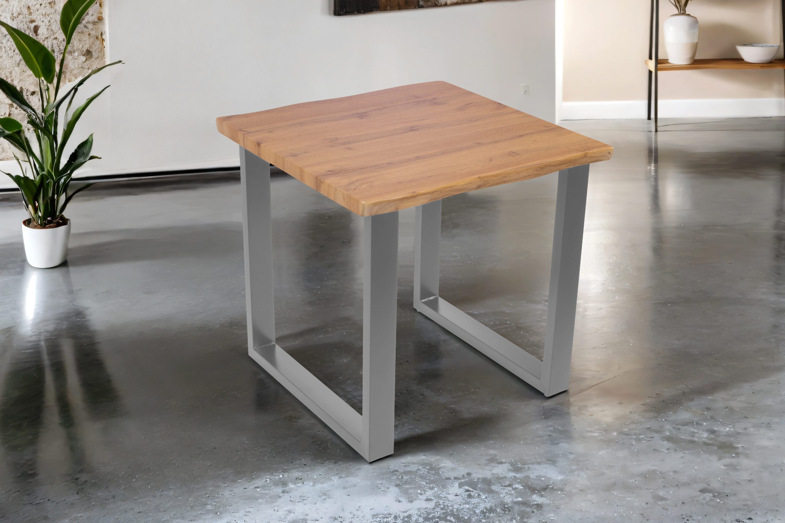 Esstisch 80x80 cm Baumkante Holz Wildeiche-Optik U-Gestell Metall silber JOSY