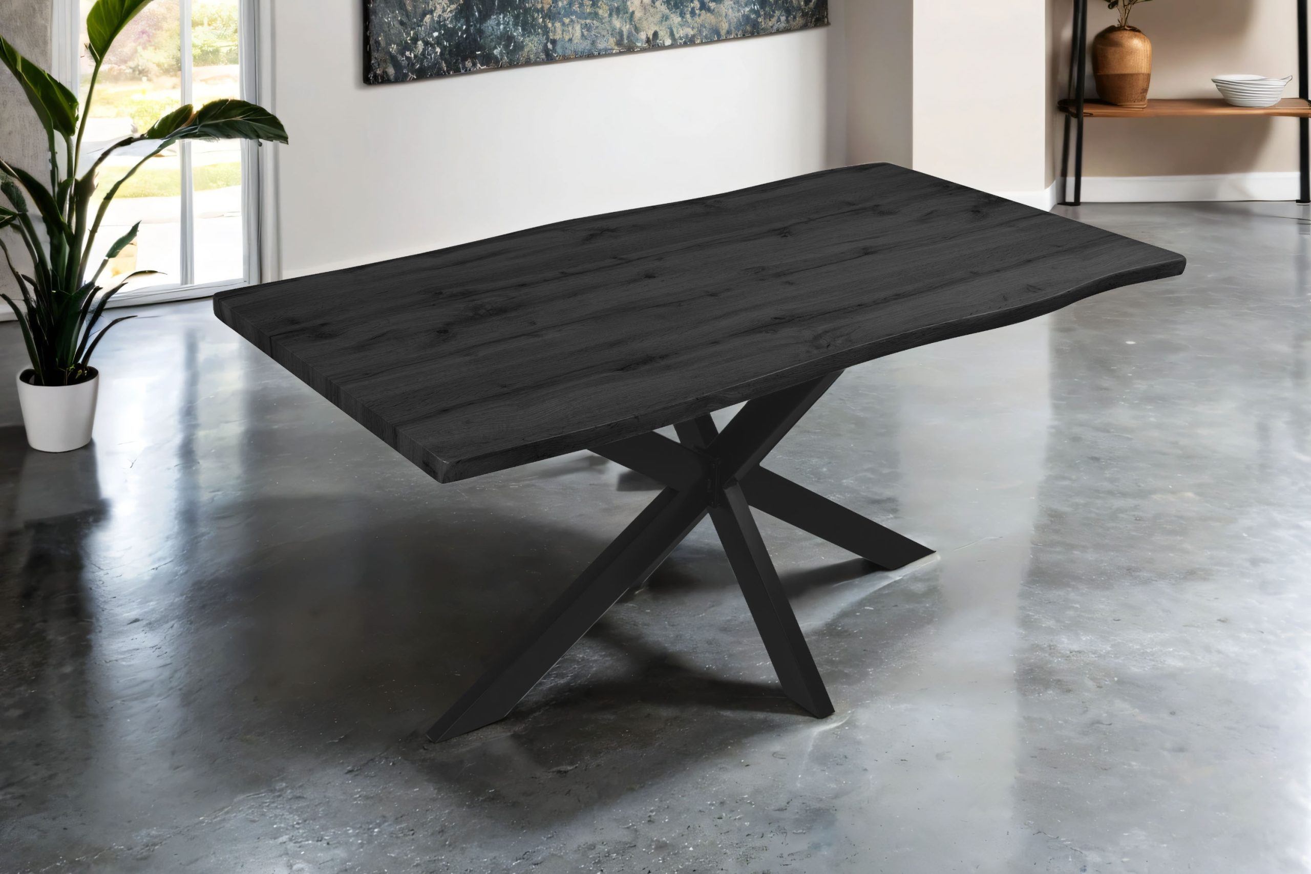 Esstisch 160x85 cm Baumkante Holz Grau-Optik Spider-Gestell Metall schwarz JOSY